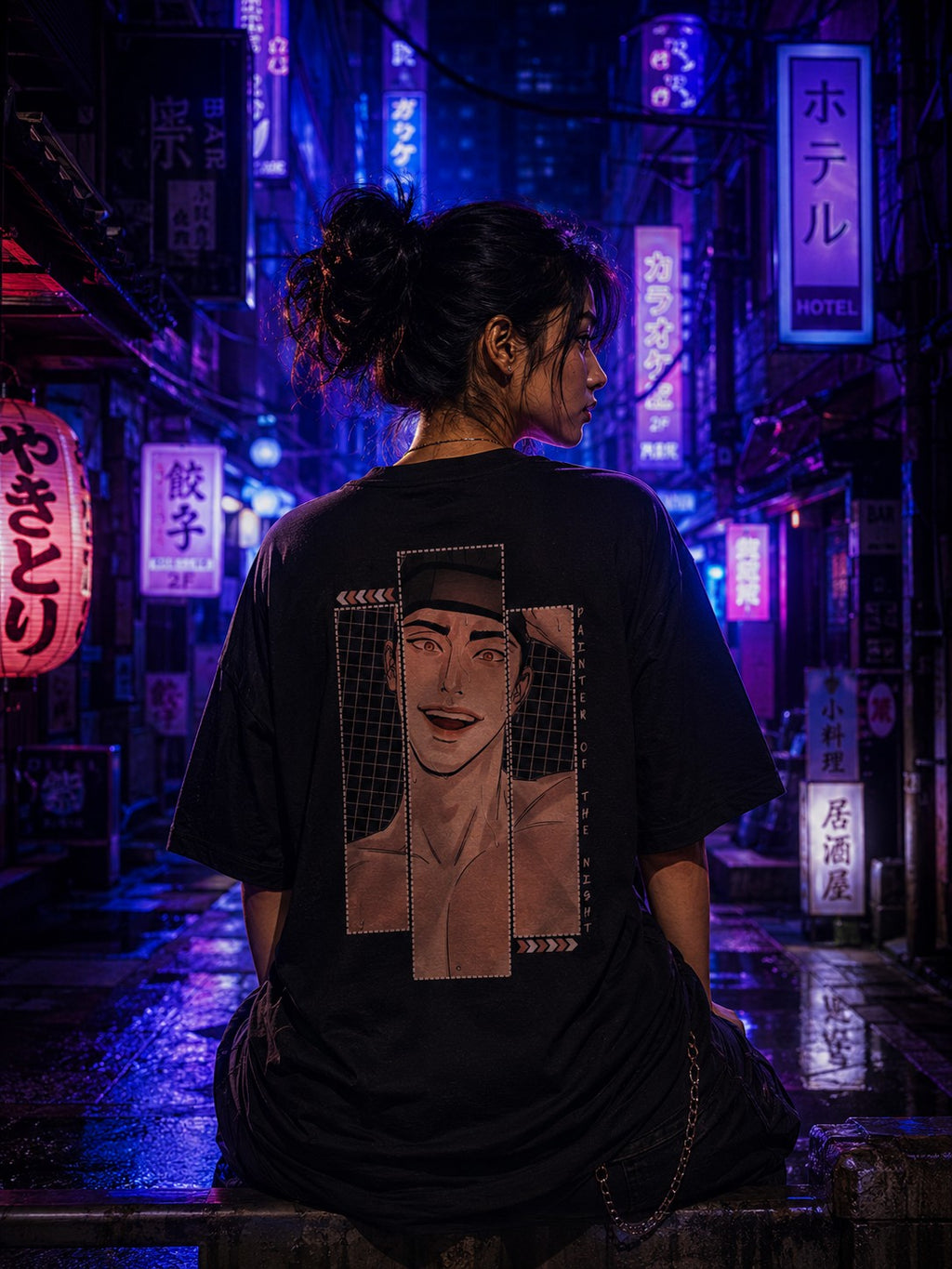 Drip&Verse black oversized cotton t-shirt with a graphic print of a smiling man's face on the back, worn by a woman in a neon-lit alley.
