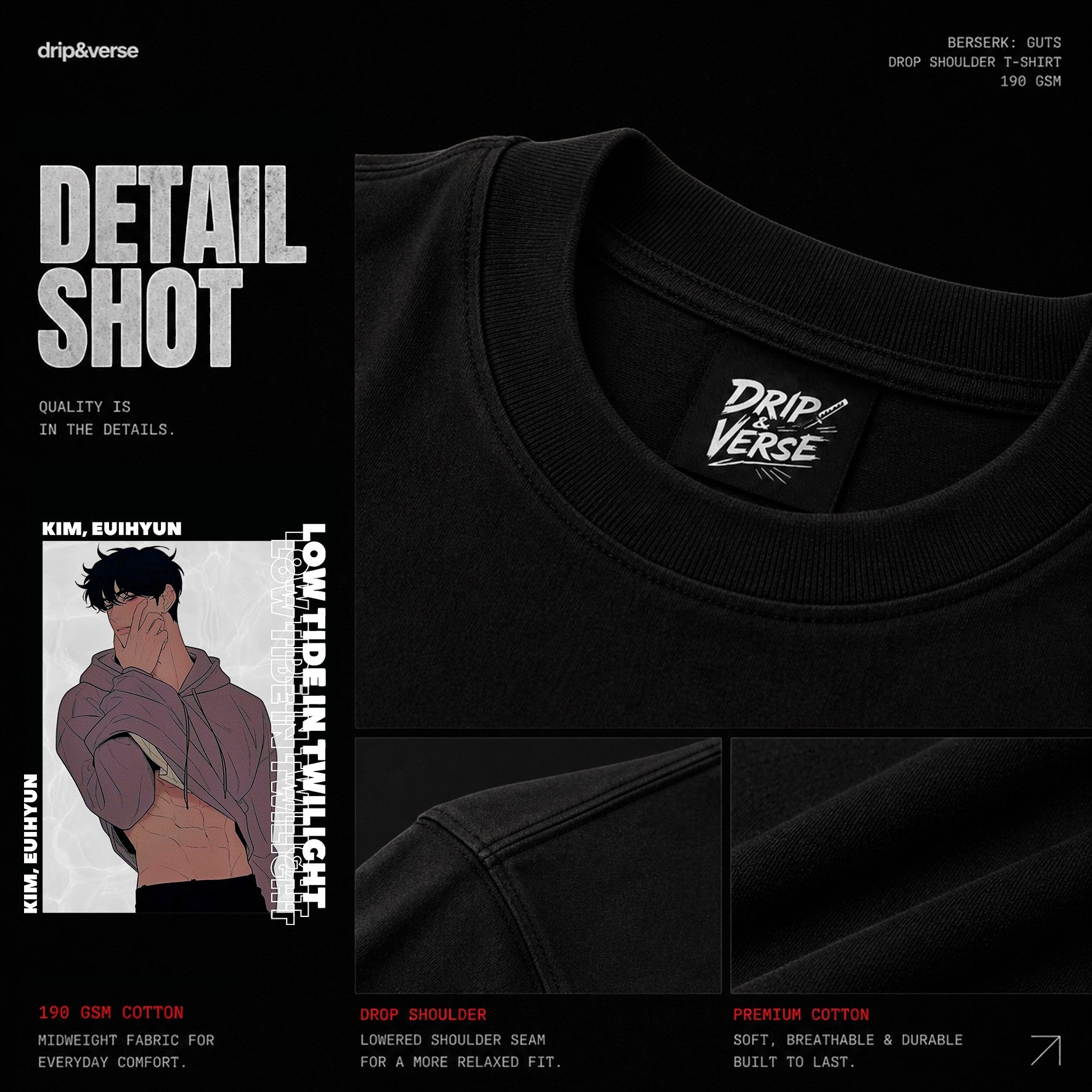 Drip&Verse black oversized cotton t-shirt with a graphic print of a man and vertical text "LOW TIDE IN TWILIGHT".