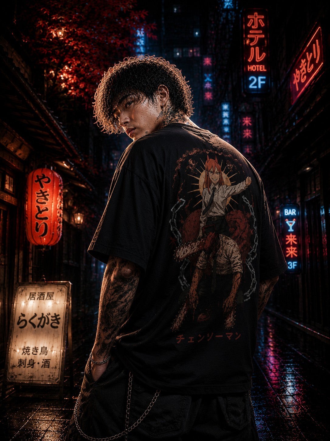 Drip&Verse black oversized 100% cotton tee with a chaotic anime graphic on the back and a chibi on the chest. Model is 5'11" wearing M.