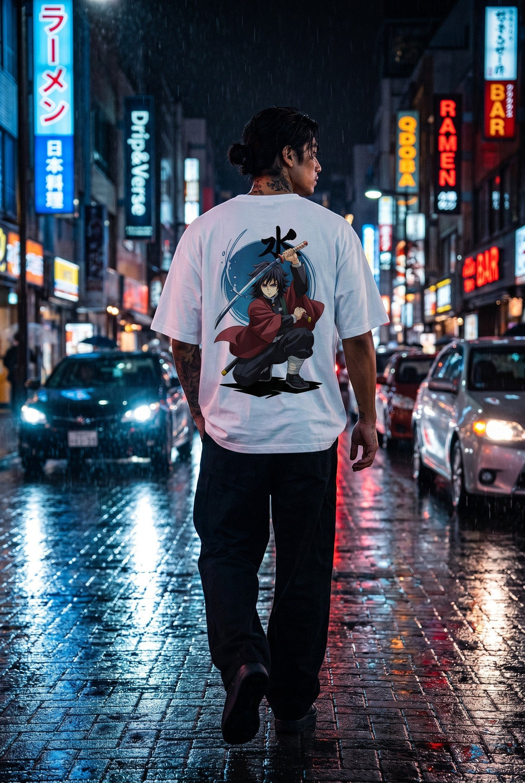 Drip&Verse white 100% cotton oversized tee with anime graphic of a swordsman mid-stance with a blue circle and Japanese kanji.