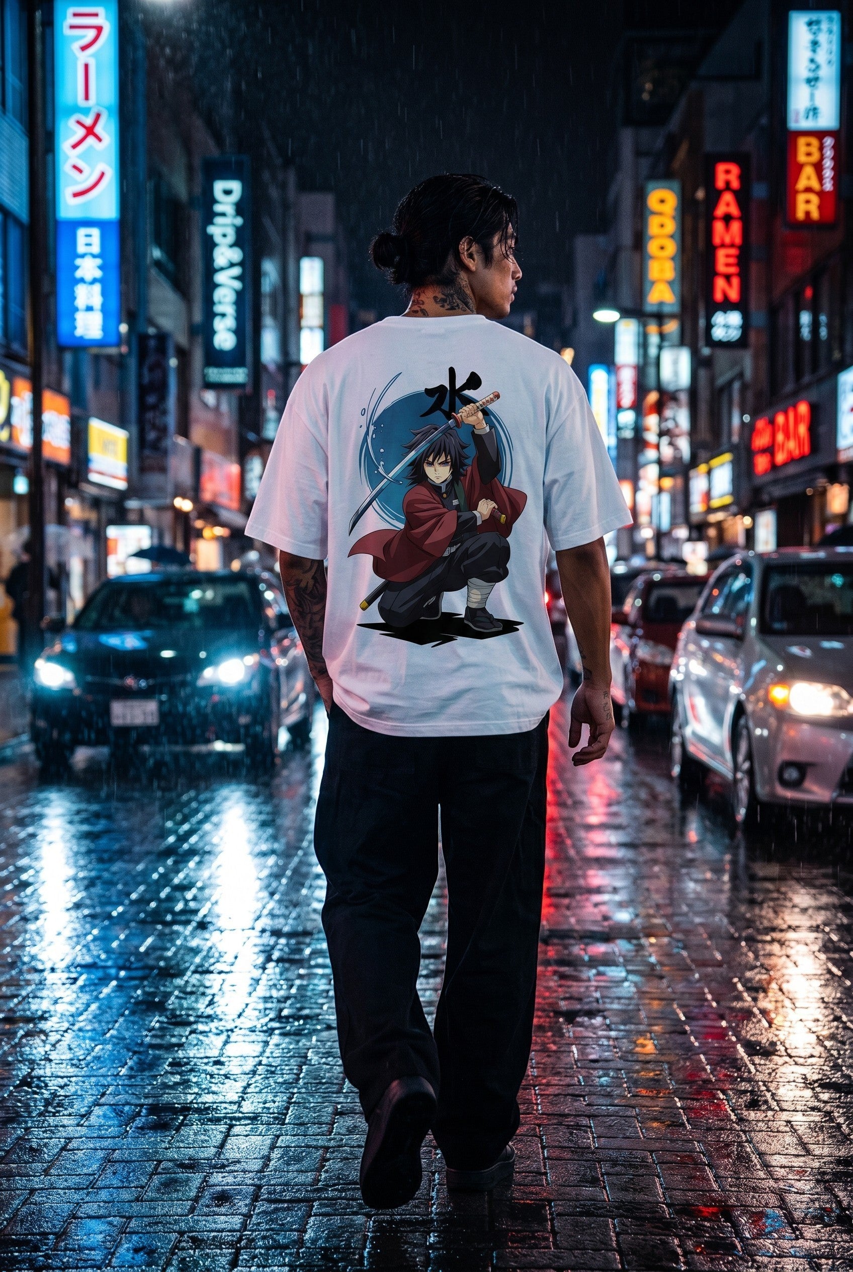 Drip&Verse white 100% cotton oversized tee with anime graphic of a swordsman mid-stance with a blue circle and Japanese kanji.