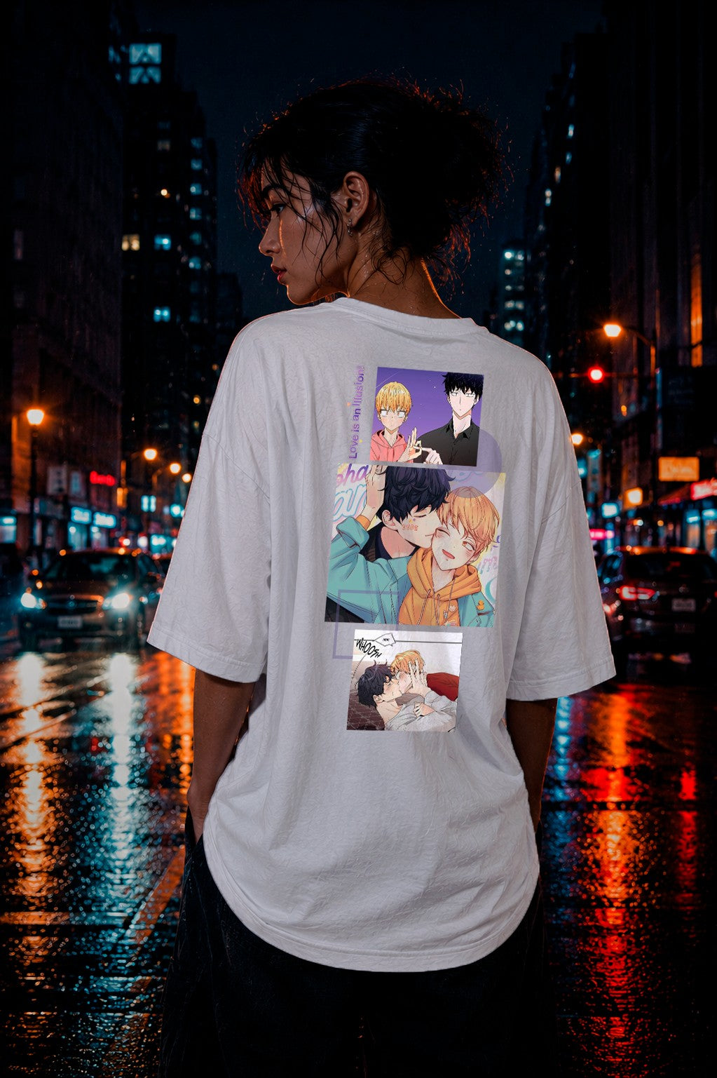 Drip&Verse white 100% cotton oversized t-shirt with BL manga art print on back. Loose fit, crew neck.