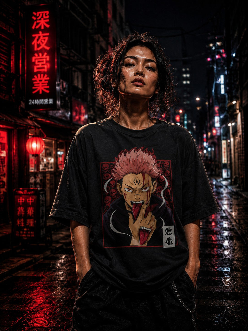 Drip&Verse black 100% cotton oversized graphic tee with a red and white anime demon print on the front. Model is wearing size M.