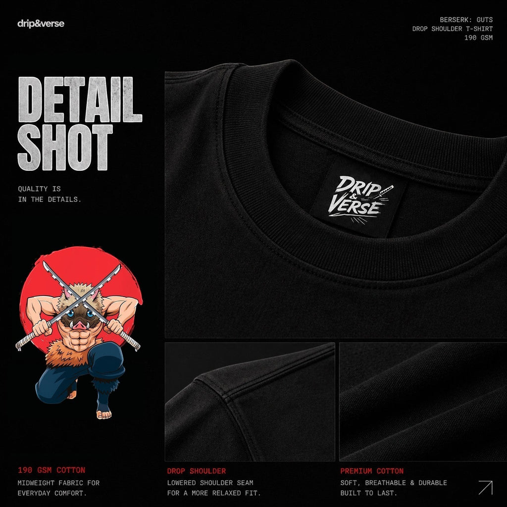 Drip&Verse black 100% cotton drop shoulder t-shirt with anime graphic and crew neck.