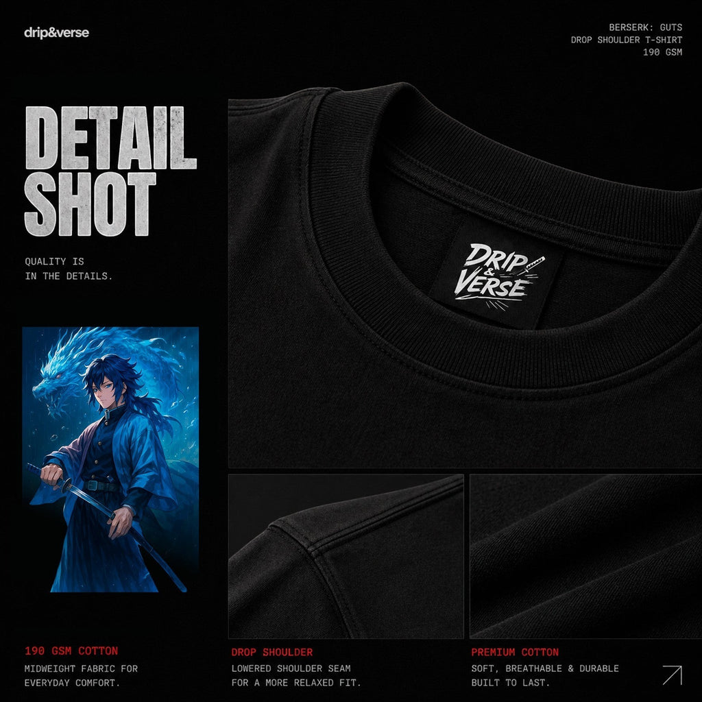 Drip&Verse black cotton oversized t-shirt with anime graphic of a swordsman and dragon on back. Drop shoulder.