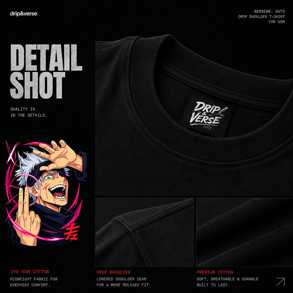 Drip&Verse black 100% cotton drop shoulder oversized t-shirt with anime graphic print on front.