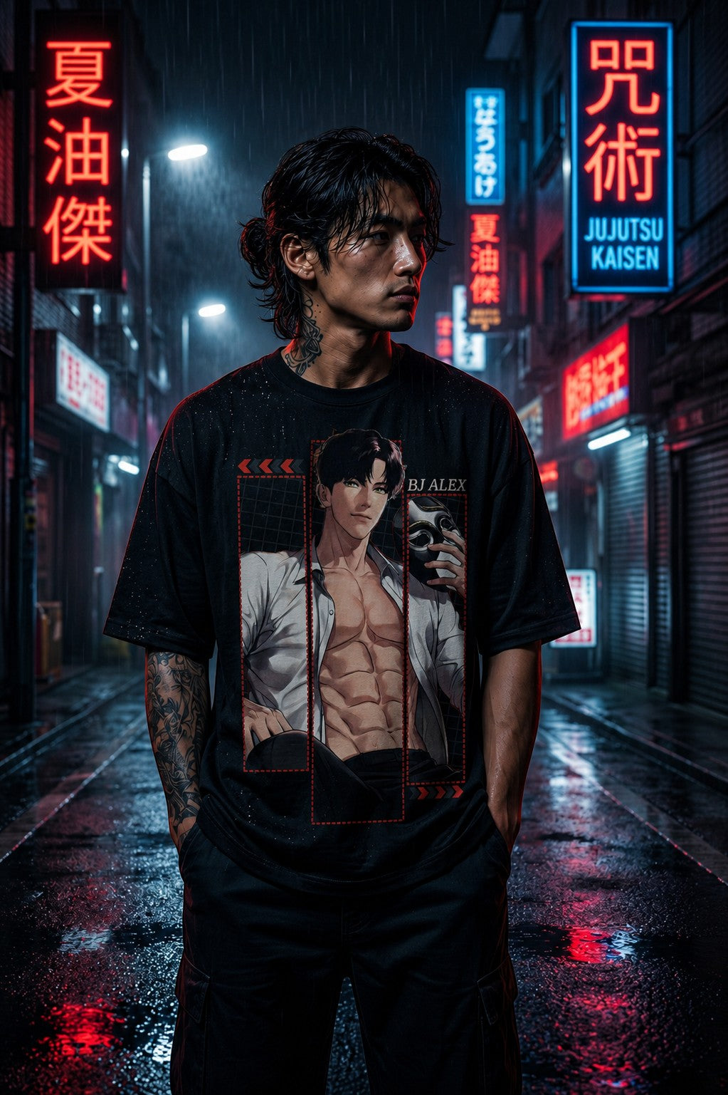 Drip&Verse black 100% cotton oversized t-shirt with a graphic print of a muscular anime character named BJ Alex. The shirt features a crew neck and drop shoulders, with a dark, rainy street scene in the background.