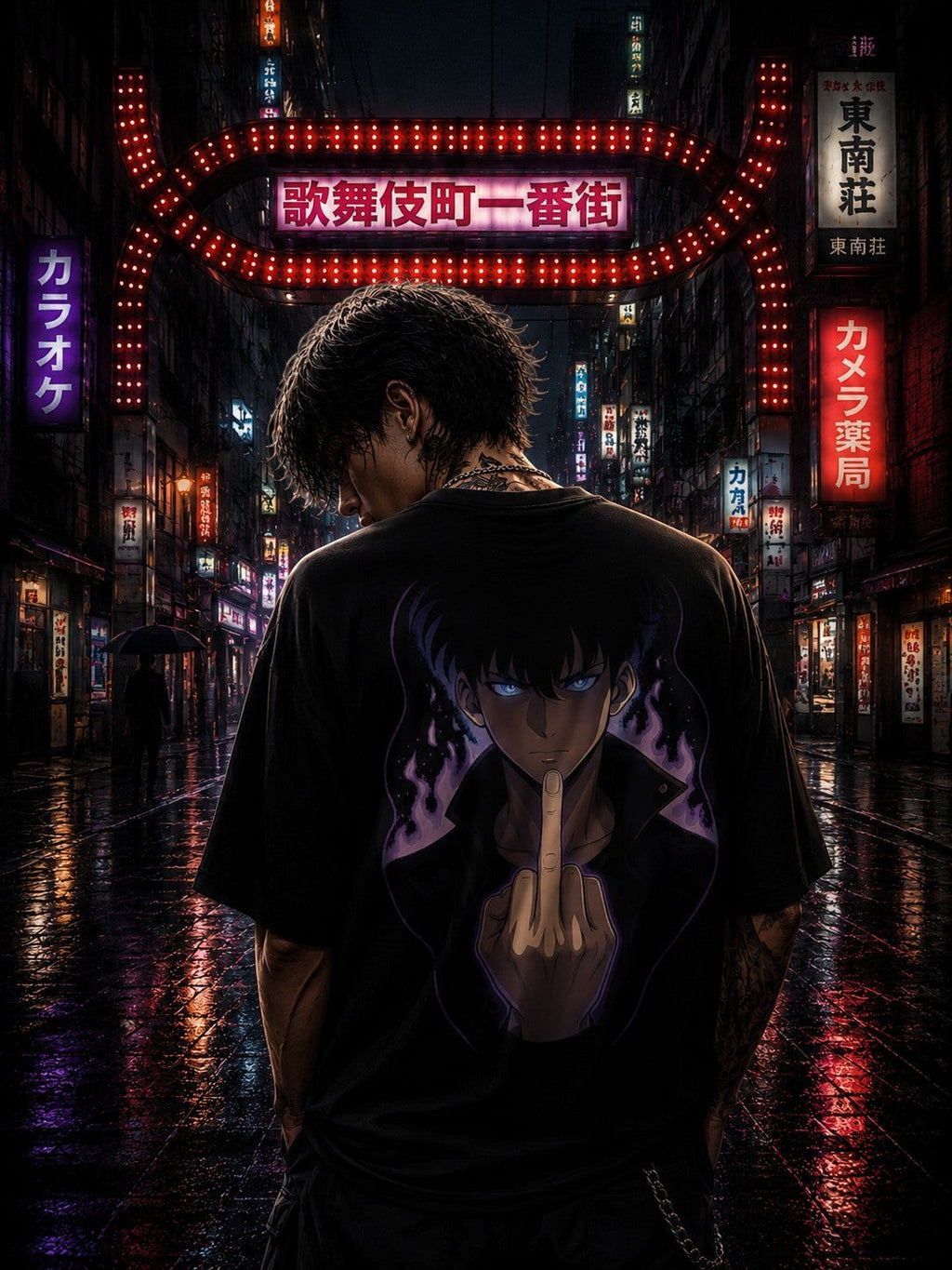 Drip&Verse black 100% cotton oversized tee with anime art graphic on back. Model wearing size M.