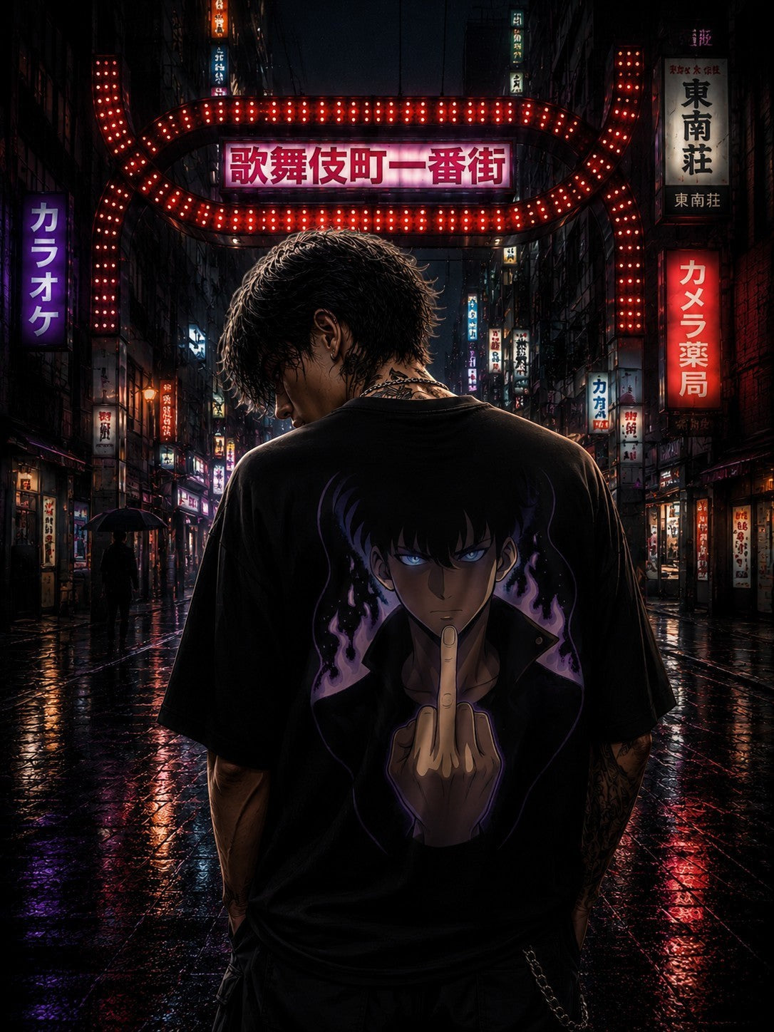 Drip&Verse black 100% cotton oversized tee with anime art graphic on back. Model wearing size M.