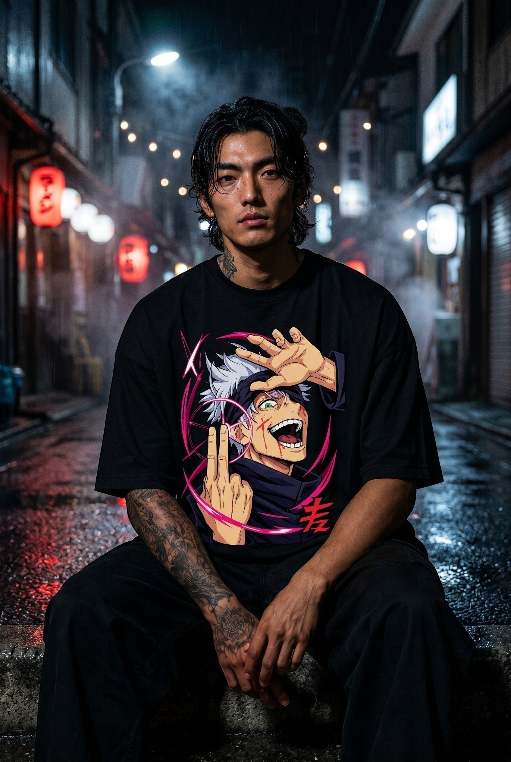 Drip&Verse black 100% cotton oversized tee with a graphic print of an anime character with white hair, green eyes, and blood on his face, surrounded by pink infinity rings.
