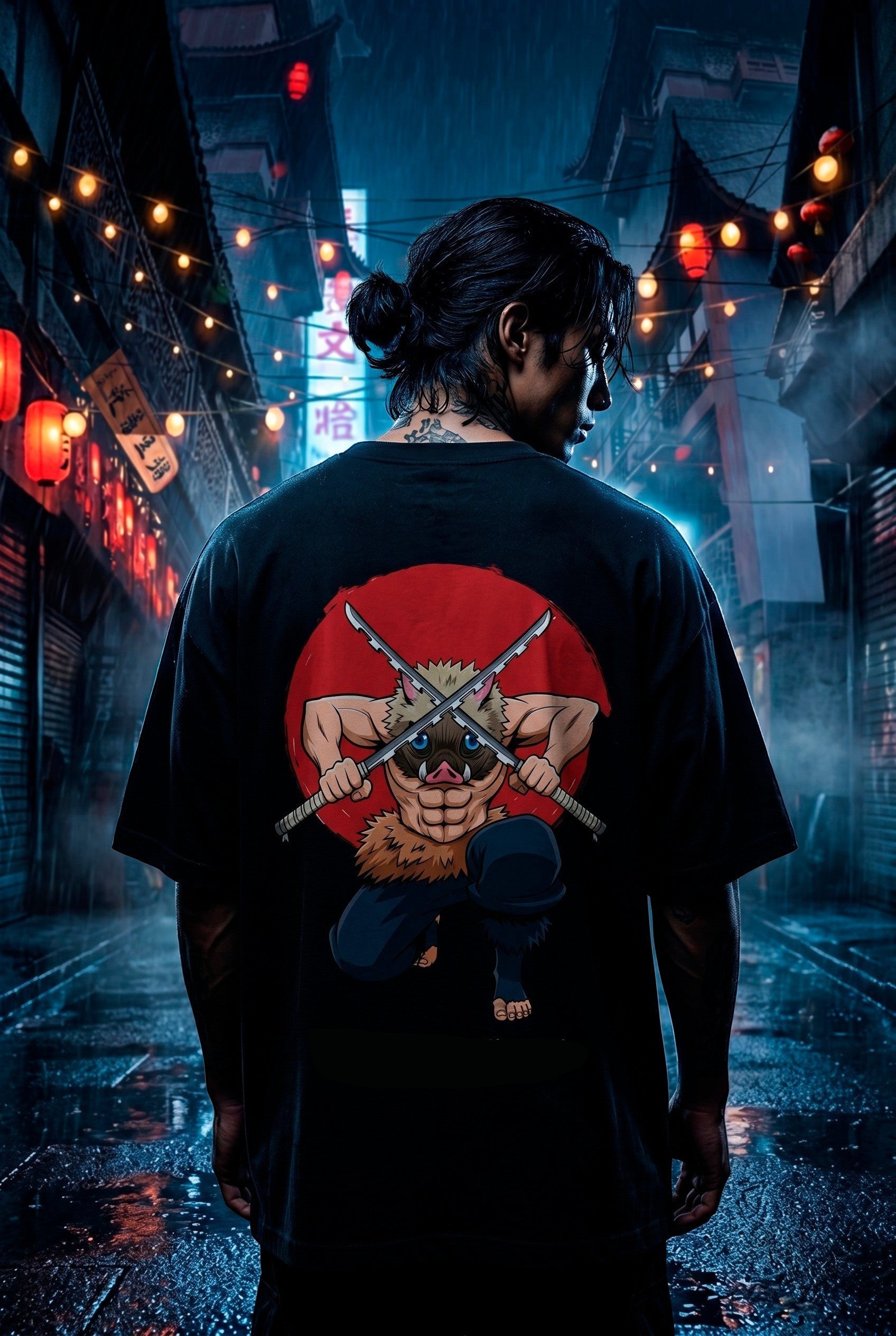 Drip&Verse black 100% cotton oversized tee with drop shoulders, featuring an anime-inspired boar warrior graphic with crossed swords on the back.