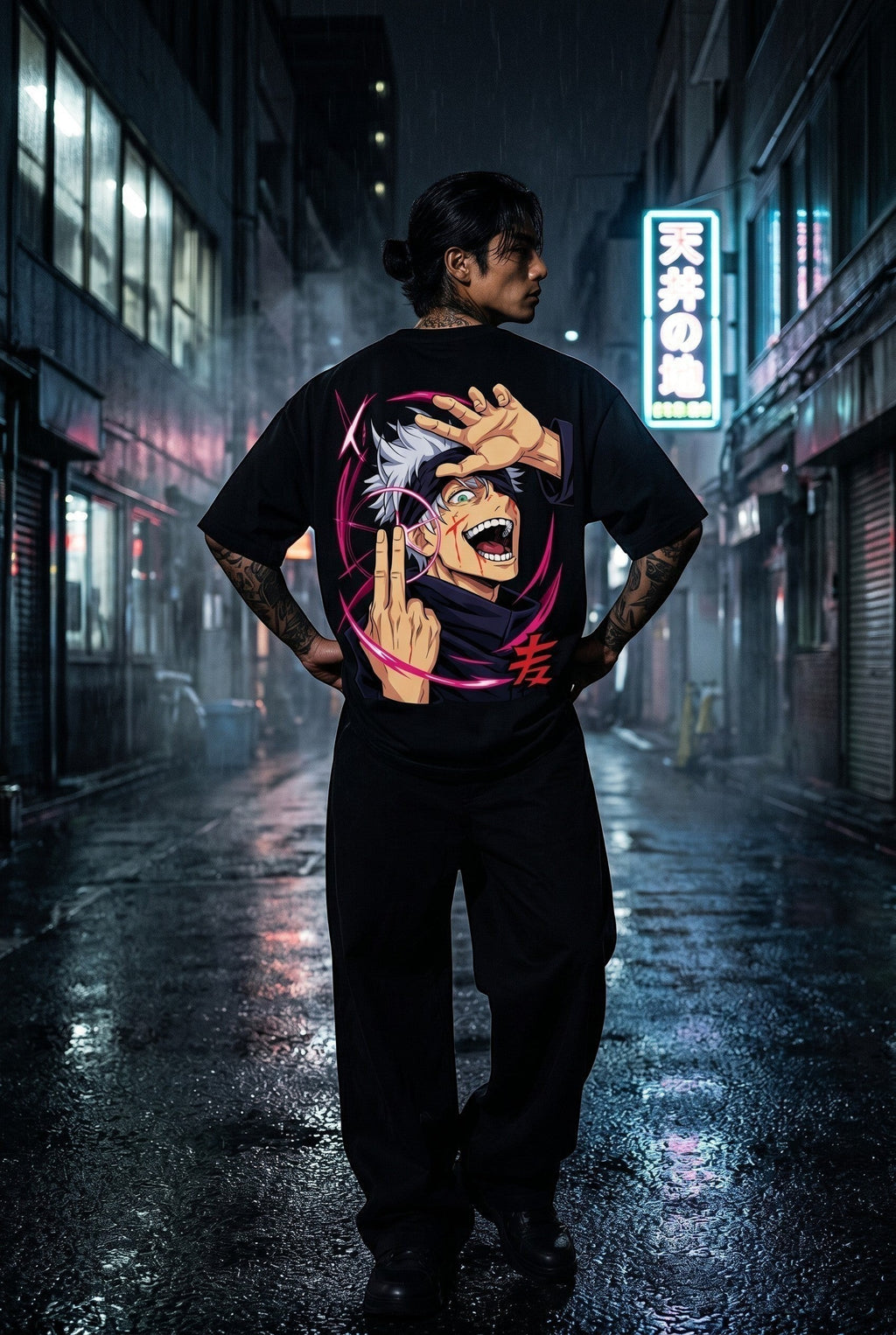 Drip&Verse black 100% cotton oversized drop shoulder tee with anime character graphic and pink infinity rings.