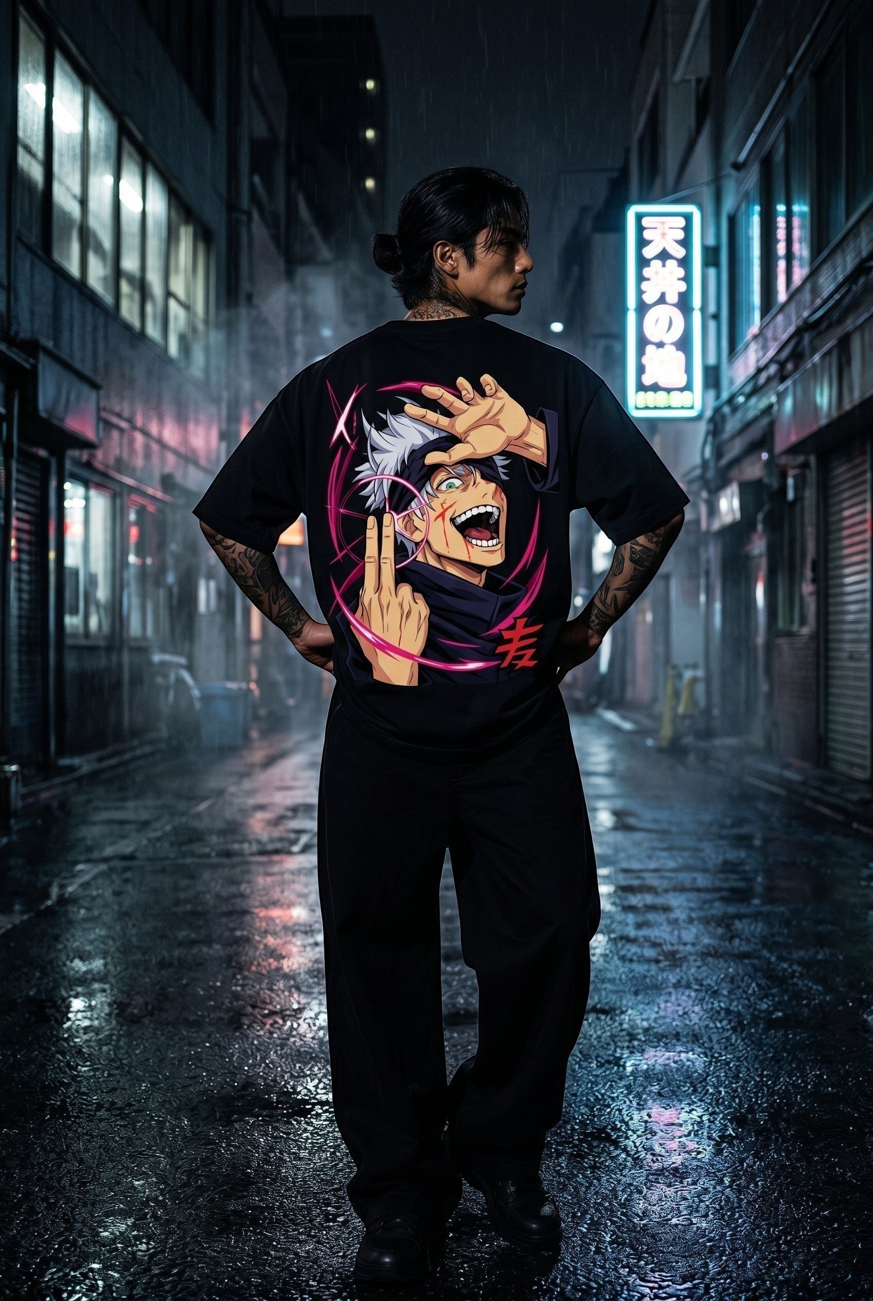 Drip&Verse black 100% cotton oversized drop shoulder tee with anime character graphic and pink infinity rings.