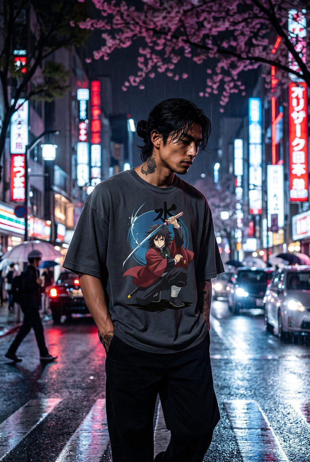 Drip&Verse black 100% cotton oversized t-shirt with anime water swordsman graphic print and drop shoulder.