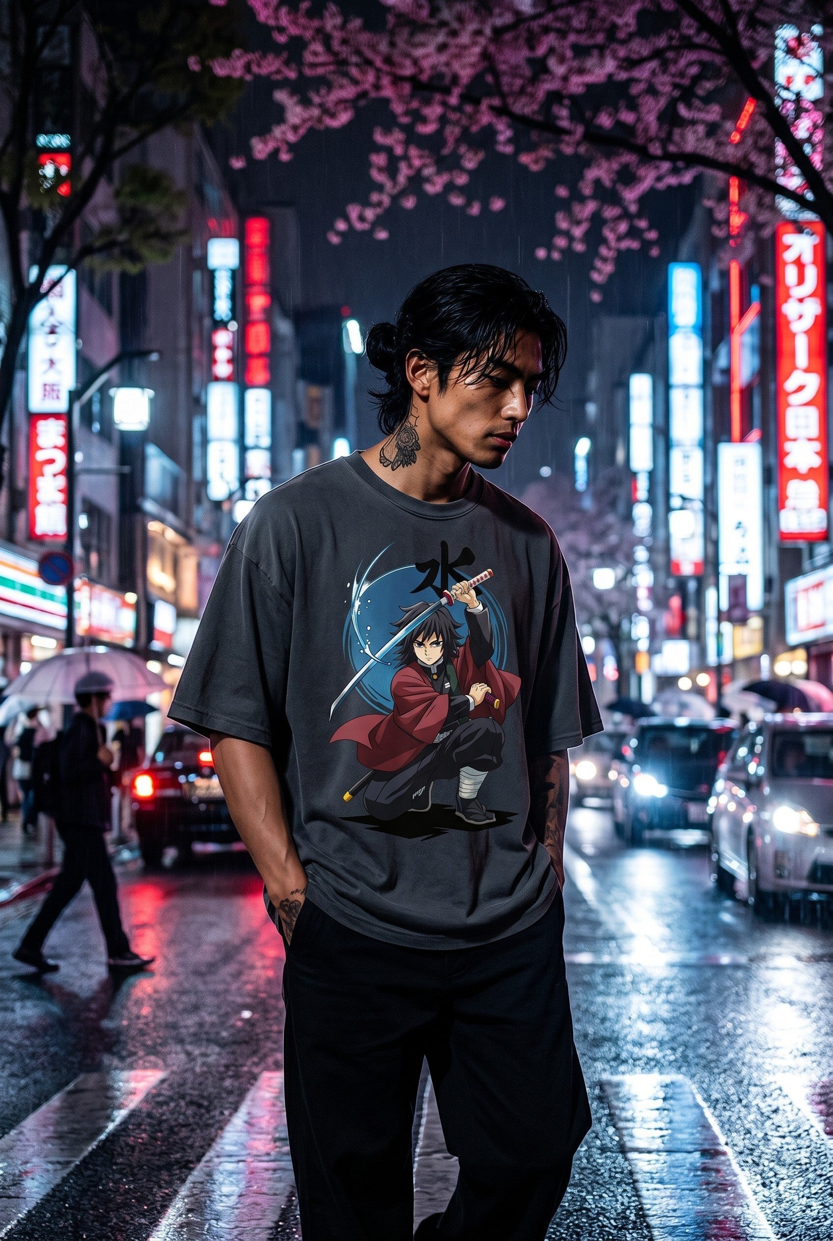 Drip&Verse black 100% cotton oversized t-shirt with anime water swordsman graphic print and drop shoulder.