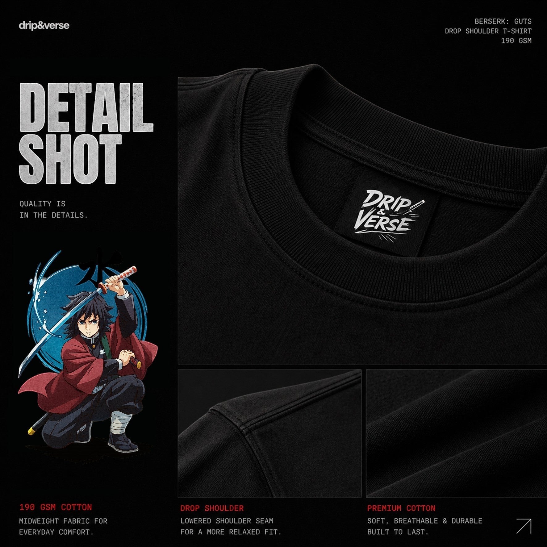 Drip&Verse black 100% cotton oversized t-shirt with anime print on the front. Features drop shoulder and crew neck.