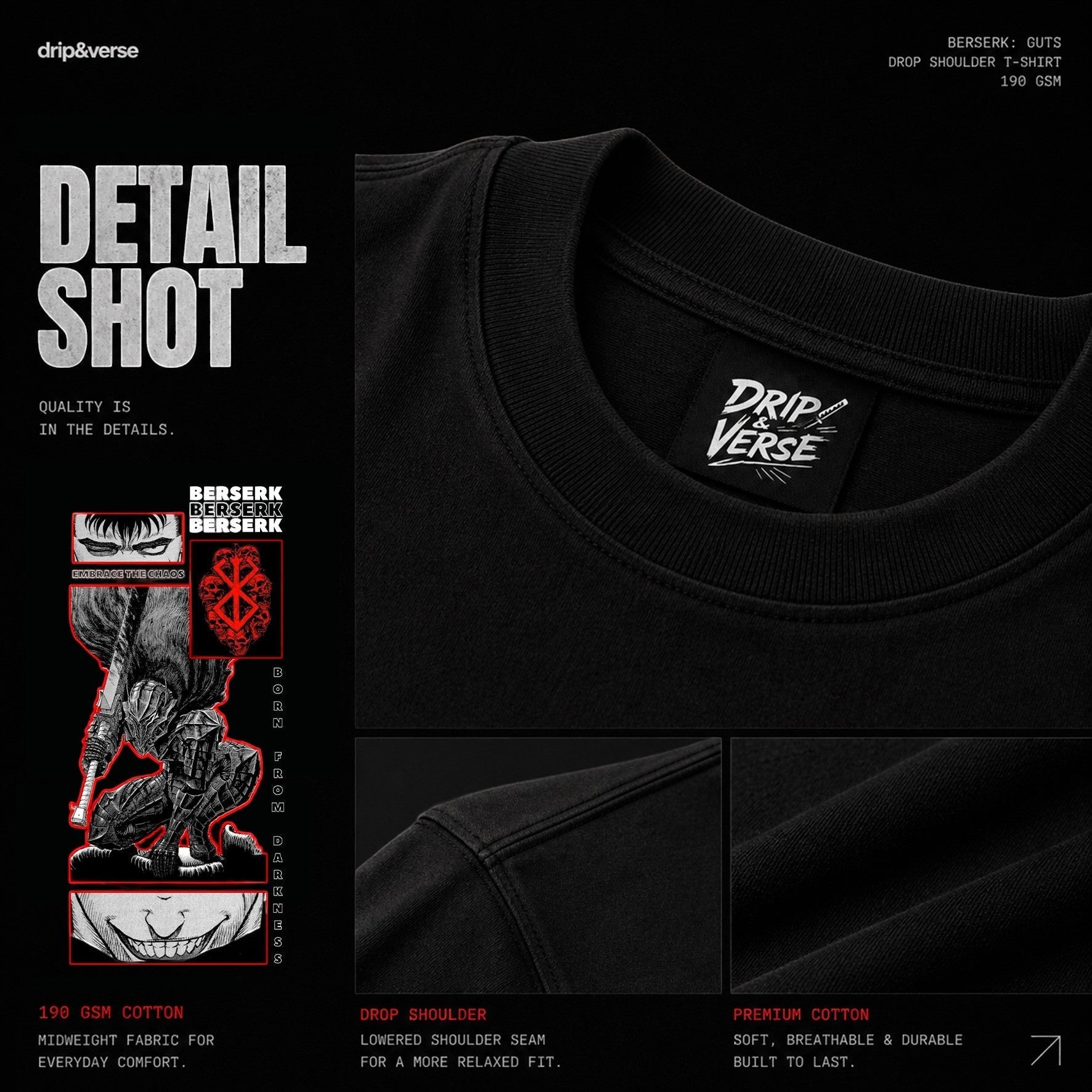 Drip&Verse black cotton fleece hoodie with Berserk manga panel art on the back and sleeves, featuring Guts.