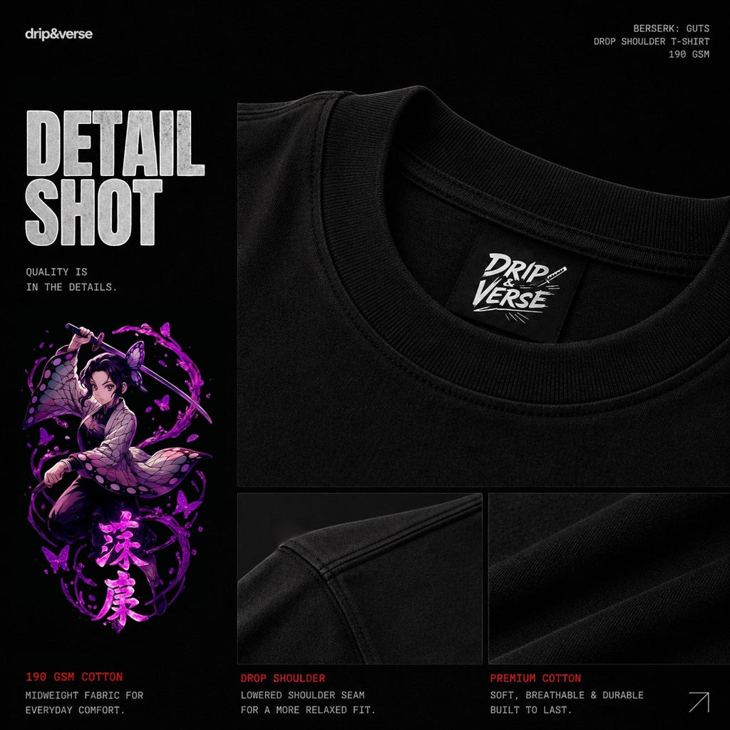 Drip&Verse black 100% cotton oversized t-shirt with a 'Deep Wing' butterfly art print and drop shoulder.