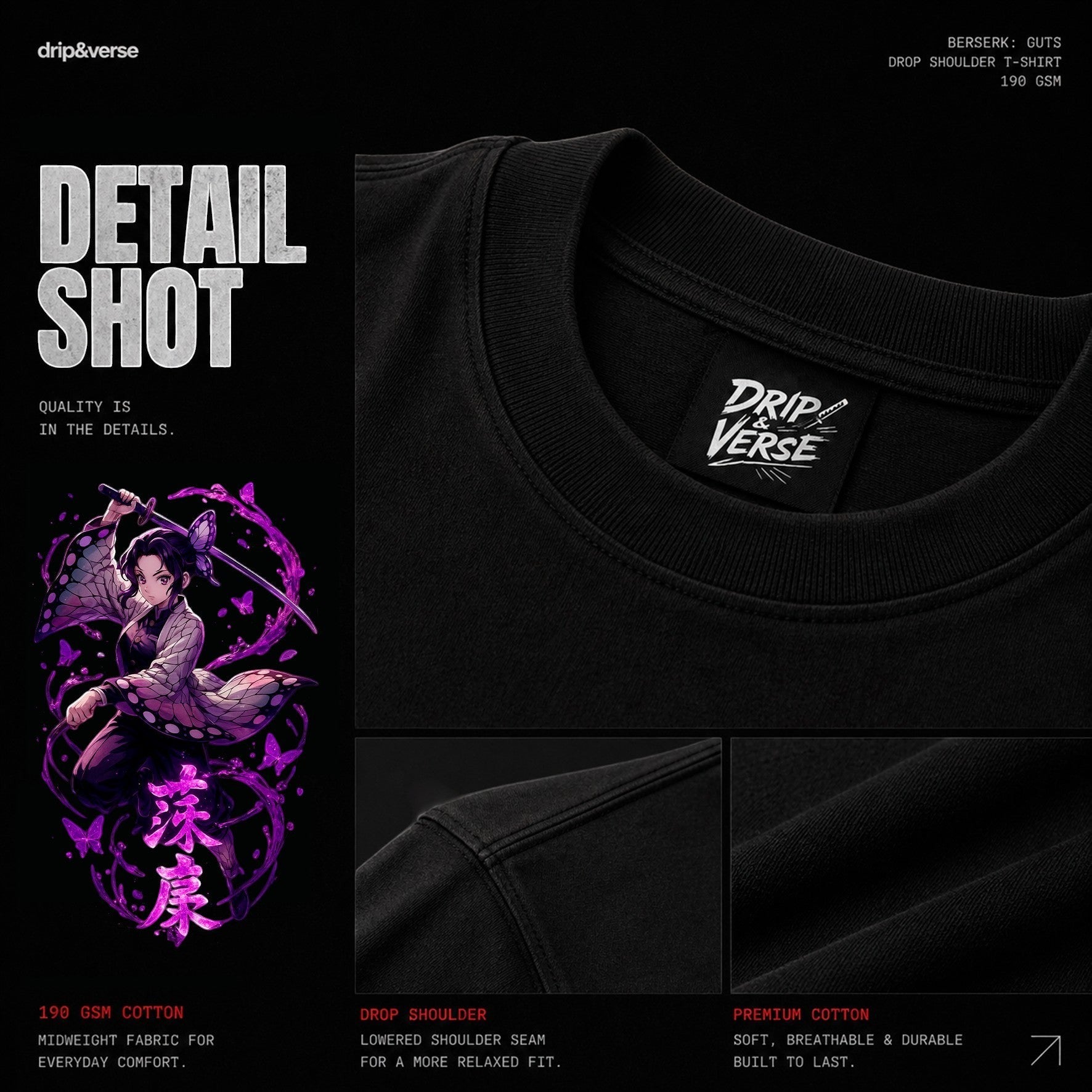 Drip&Verse black 100% cotton oversized t-shirt with a 'Deep Wing' butterfly art print and drop shoulder.