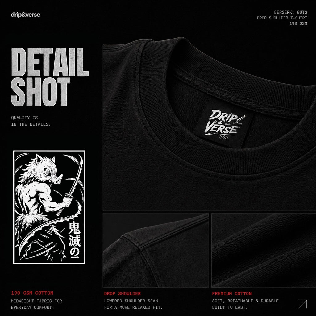 Drip&Verse black 190 GSM cotton t-shirt with drop shoulder, crew neck, and anime-inspired ink art graphic on back and chest.