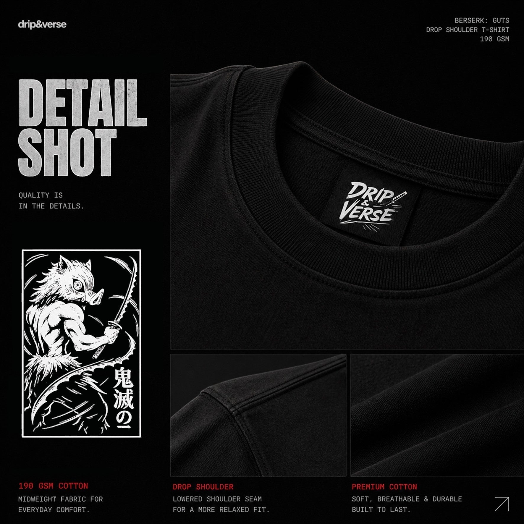 Drip&Verse black 190 GSM cotton t-shirt with drop shoulder, crew neck, and anime-inspired ink art graphic on back and chest.
