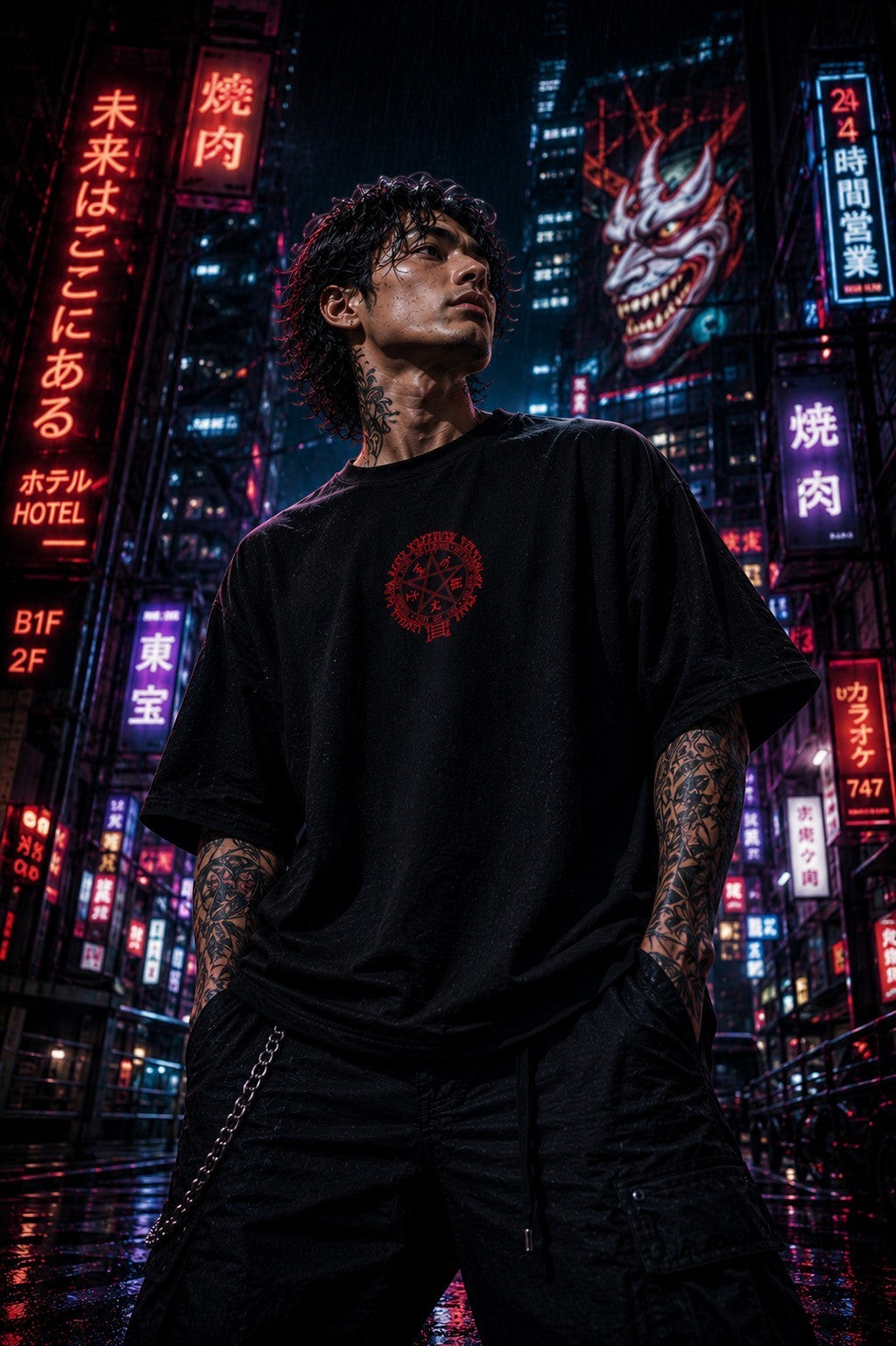 Drip&Verse black cotton oversized tee with red ritual seal graphic on chest. Model in dark urban setting.