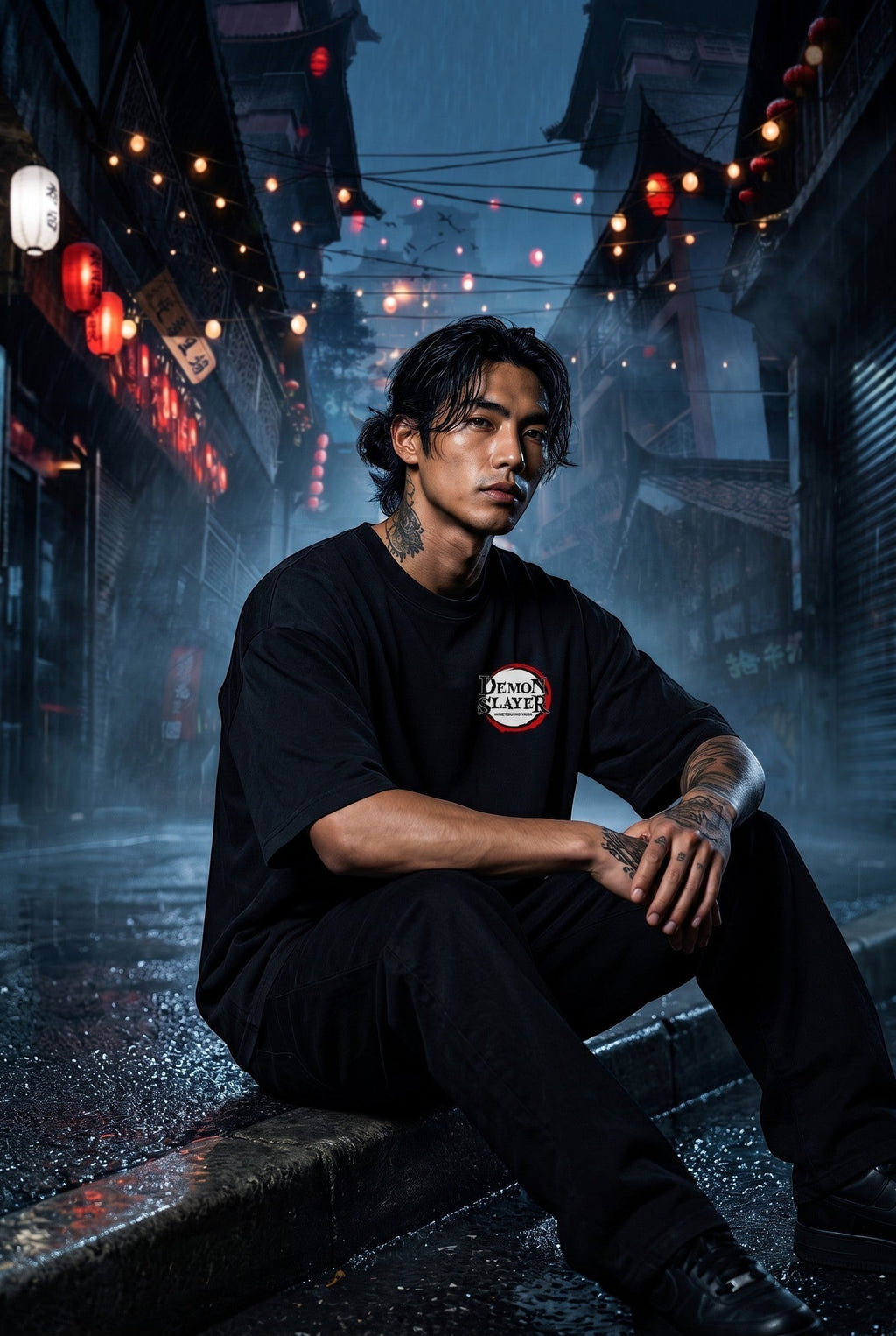 Drip&Verse black 100% cotton oversized drop shoulder t-shirt with Demon Slayer logo on chest.