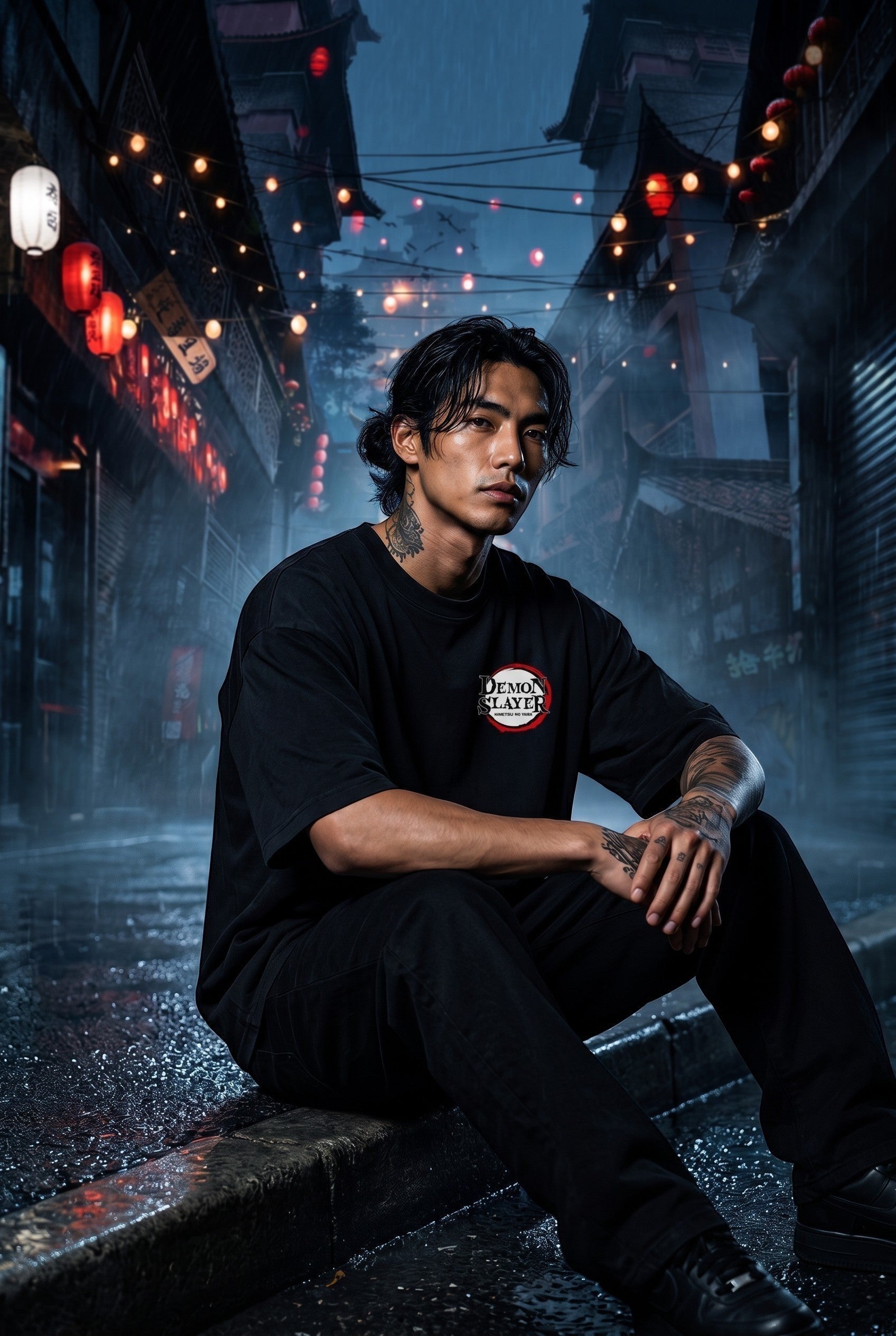 Drip&Verse black 100% cotton oversized drop shoulder t-shirt with Demon Slayer logo on chest.