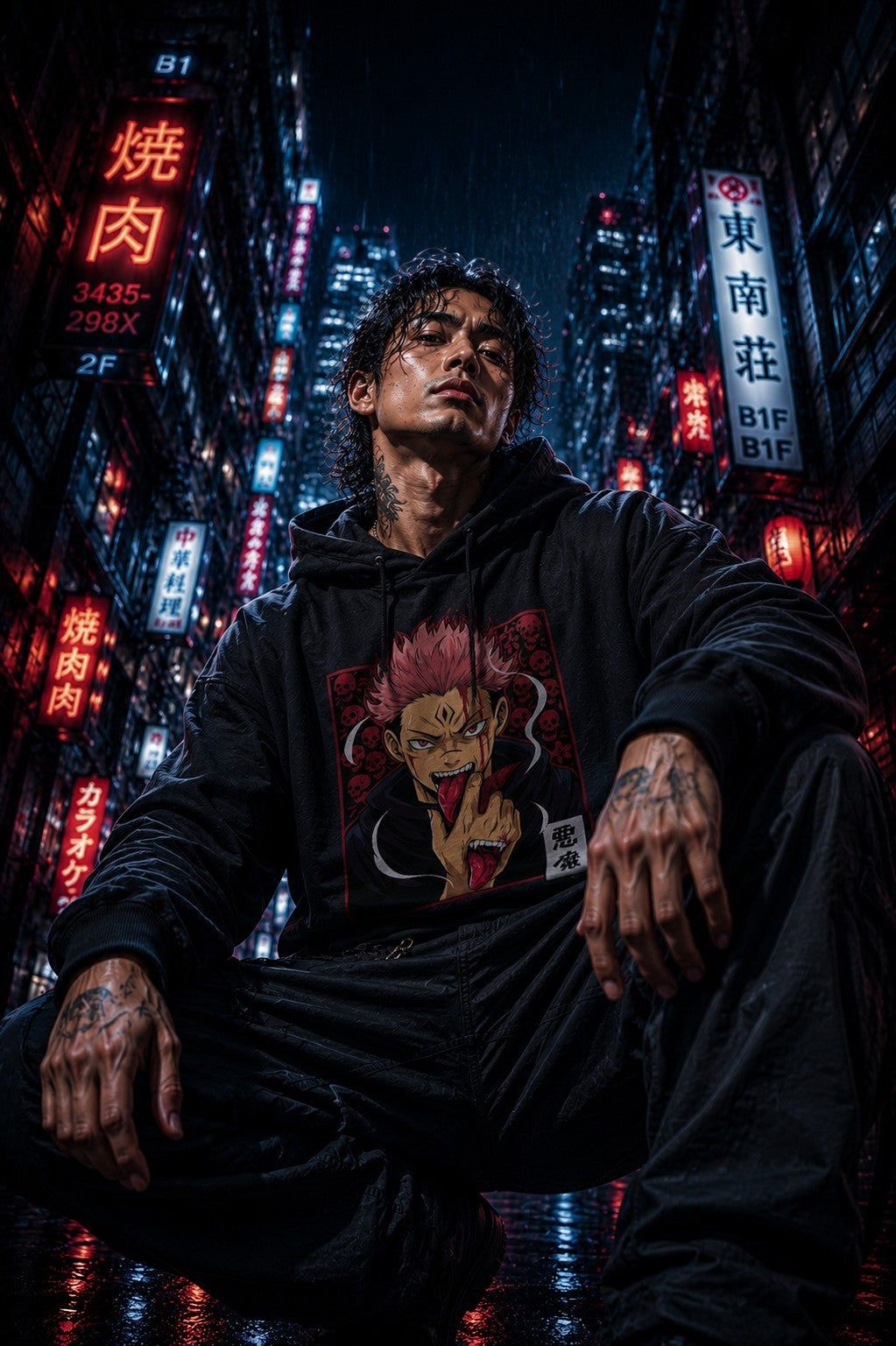 Drip&Verse black heavyweight fleece hoodie with anime art graphic of a character with pink hair and sharp teeth, sitting in a neon-lit city at night.