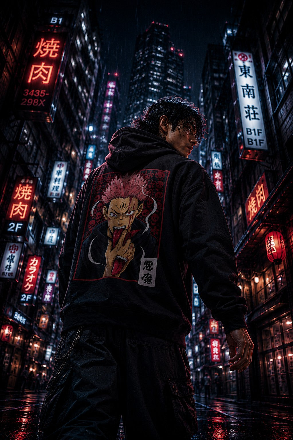 Drip&Verse black heavyweight fleece hoodie with anime art of a character with pink hair and red eyes on the back. Model is 6'1" wearing size M.