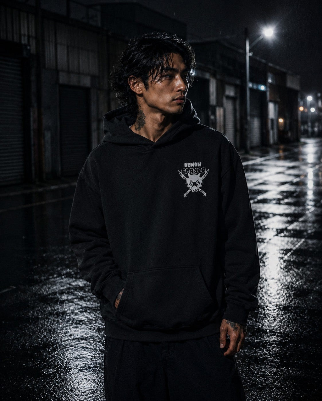Drip&Verse Beast Blade dark edition black heavyweight boxy fleece hoodie with chest emblem and kangaroo pocket, worn by a male model.