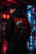 Drip&Verse black heavyweight fleece hoodie with a DANDADAN graphic and red crack details on the back.