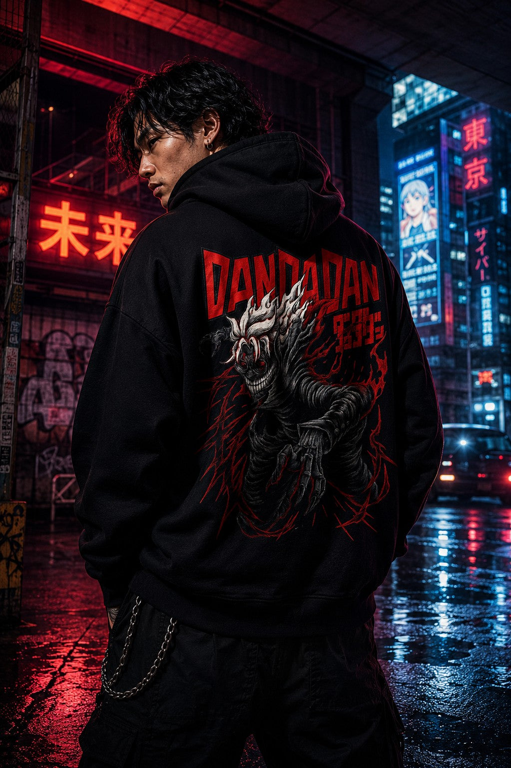 Drip&Verse black heavyweight fleece hoodie with a DANDADAN graphic and red crack details on the back.