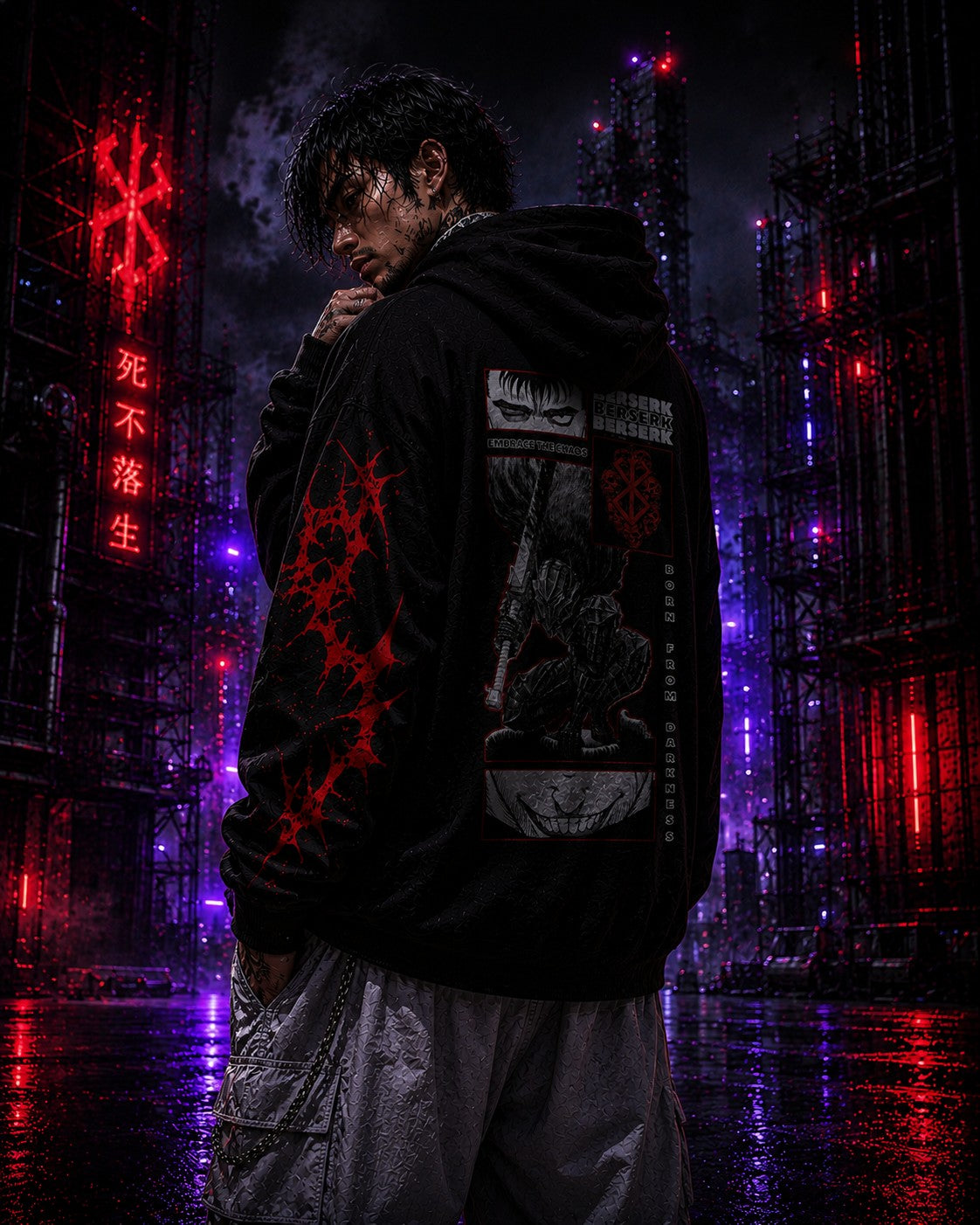 Drip&Verse black heavyweight fleece hoodie with manga panel art on back and sleeves, tribal red accents.