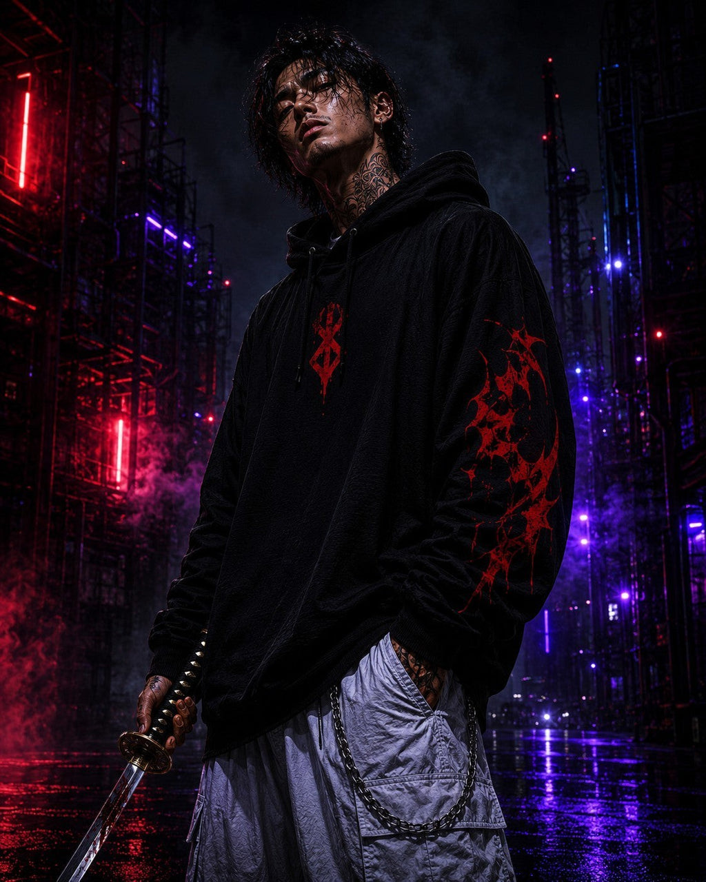 Drip&Verse black heavyweight fleece hoodie with red manga panel graphic on sleeves and chest. Model wears light grey cargo pants.