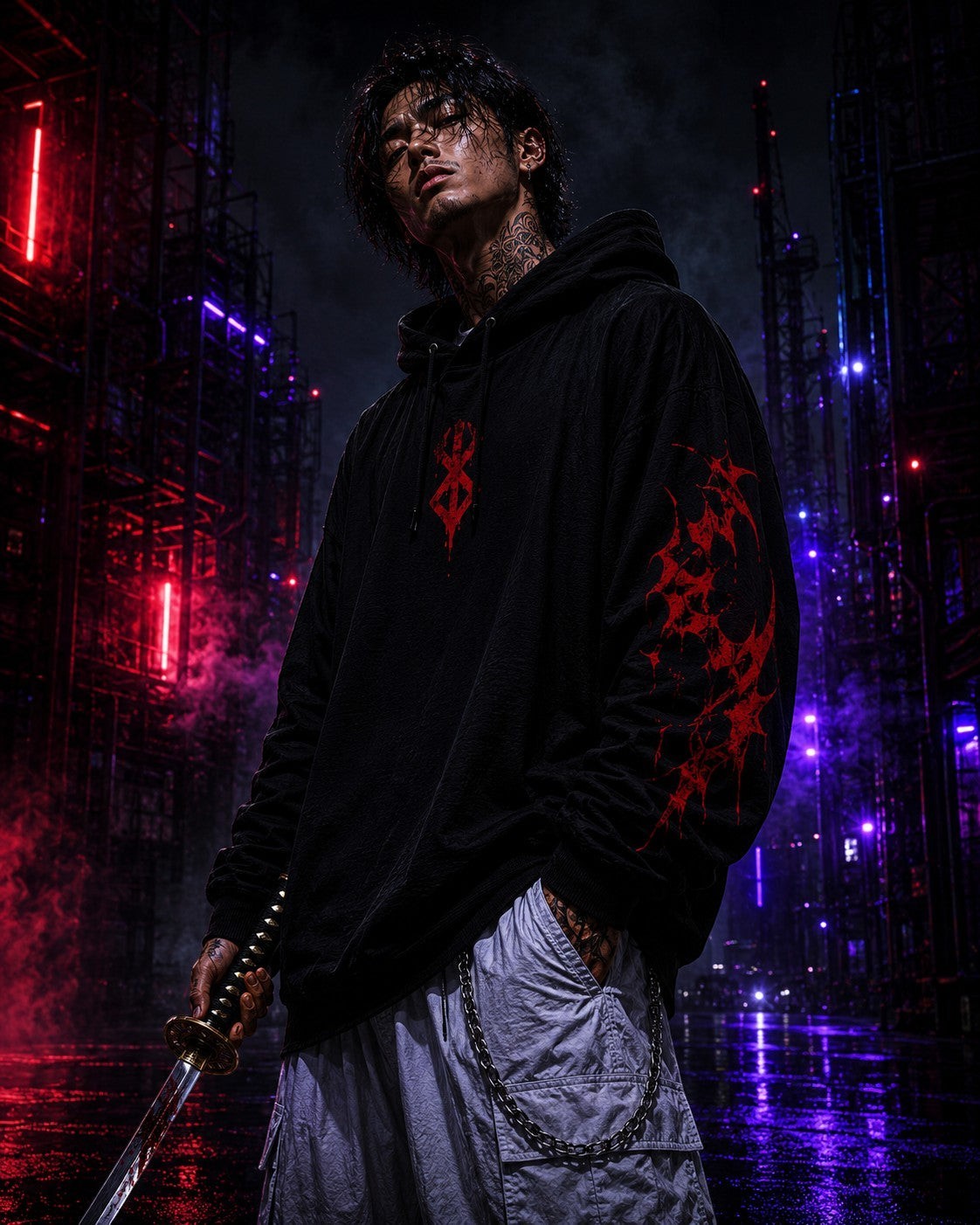 Drip&Verse black heavyweight fleece hoodie with red manga panel graphic on sleeves and chest. Model wears light grey cargo pants.