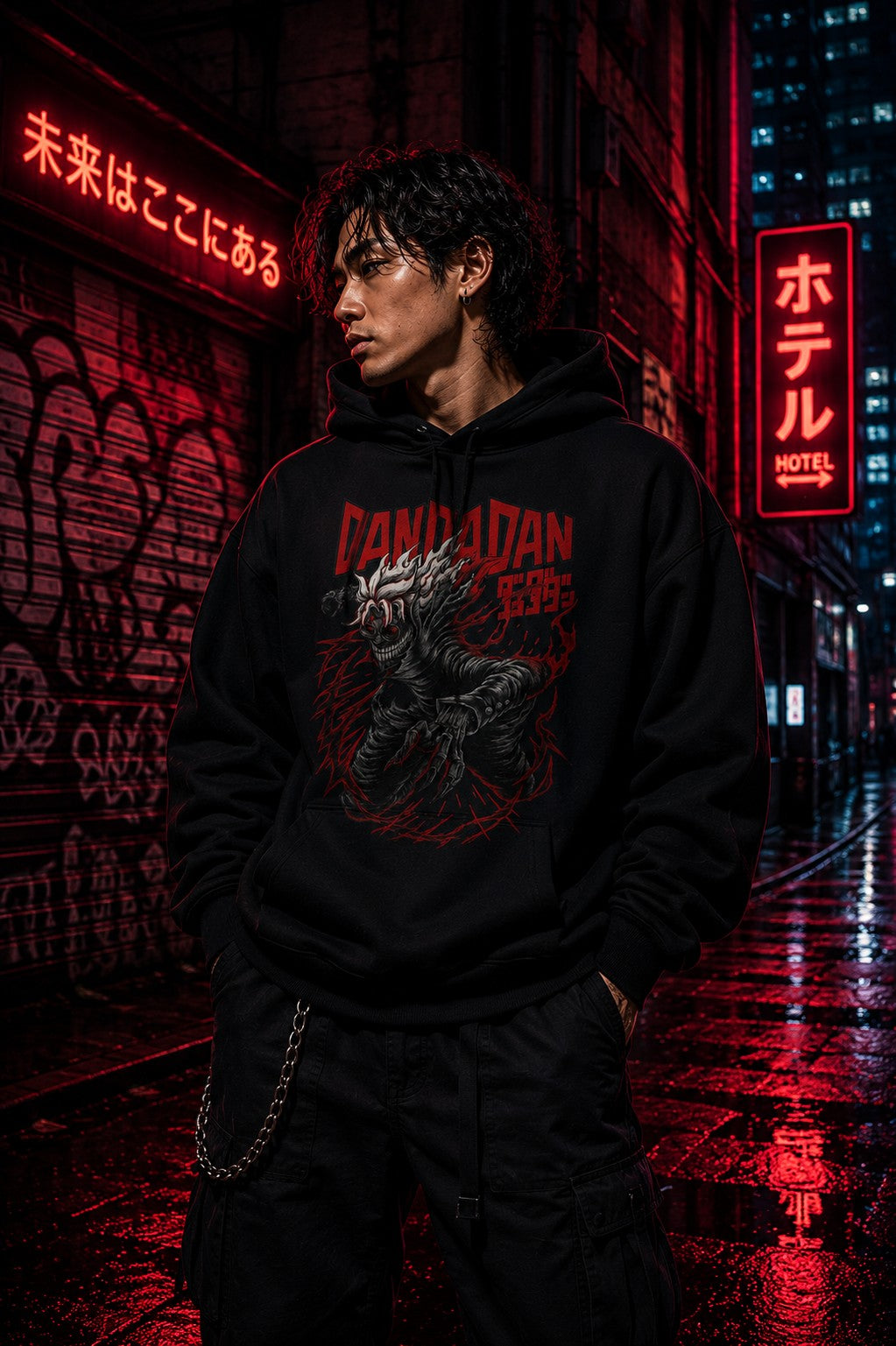 Drip&Verse black heavyweight fleece hoodie with a graphic of a creature with red cracks and Japanese text. Model wears it with cargo pants.