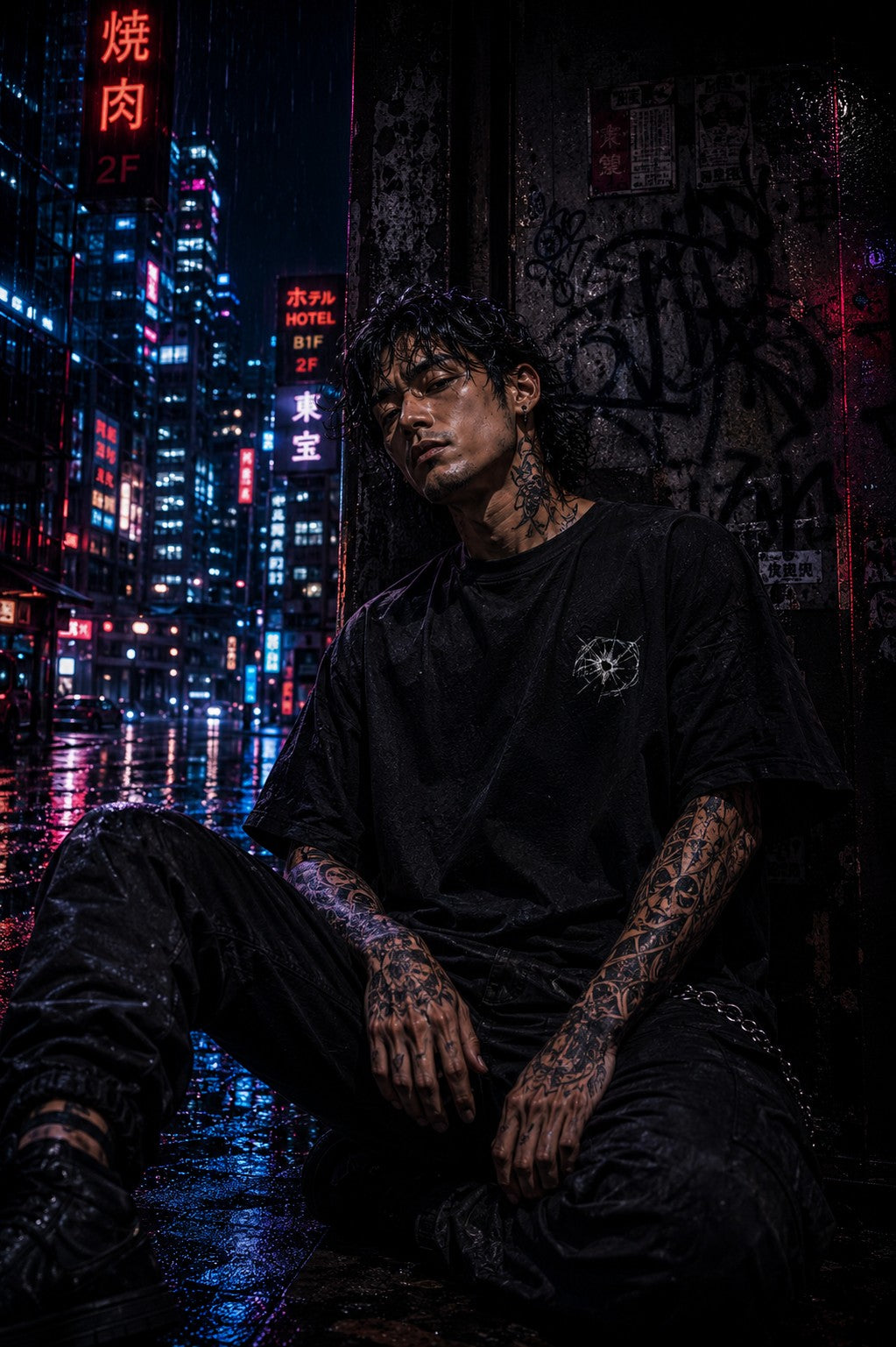 Drip&Verse black oversized 100% cotton K-Pop style Fragment Tee with graphic print on chest and sleeves.