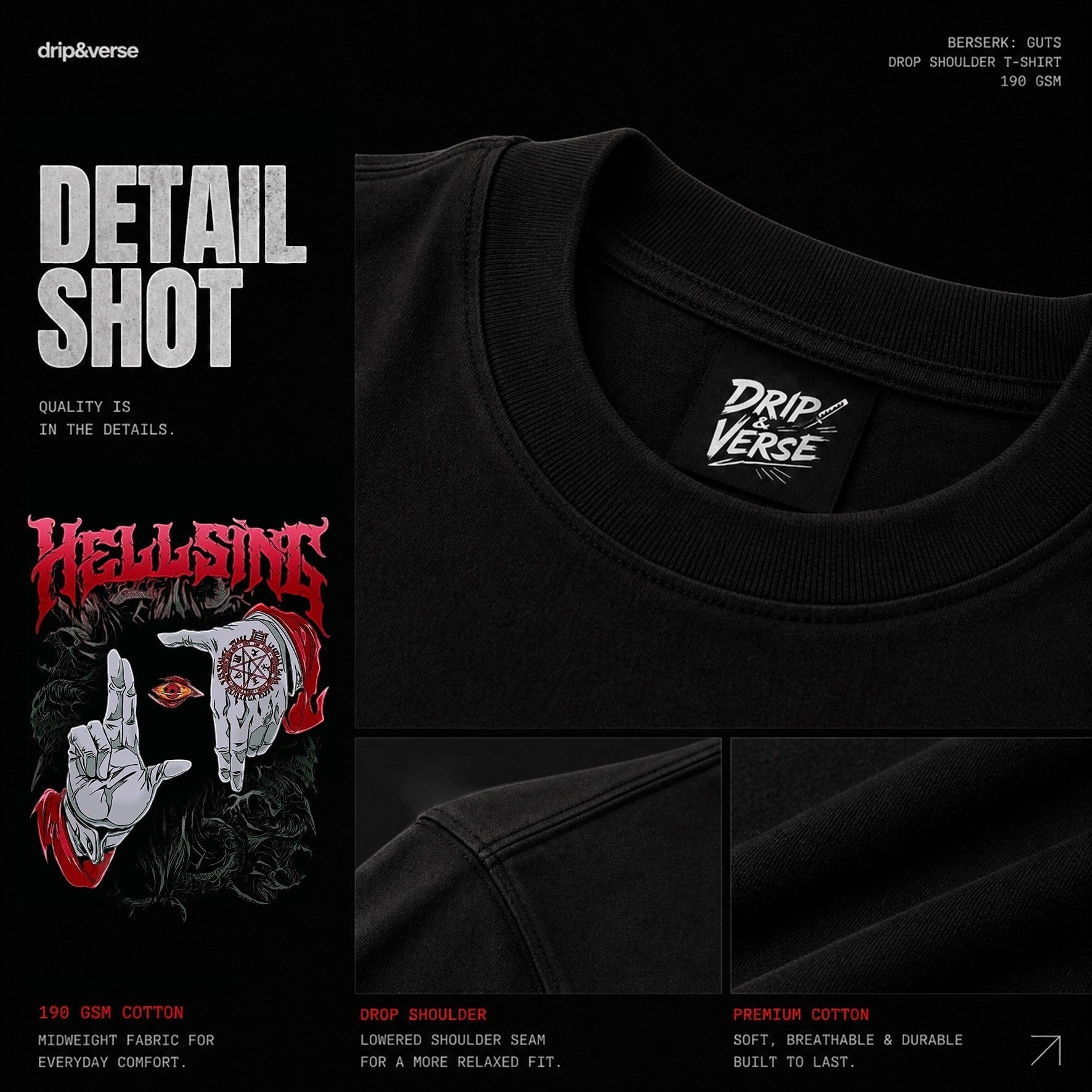 Drip&Verse black oversized 100% cotton tee with gothic anime art featuring a ritual seal and skeletal hands.