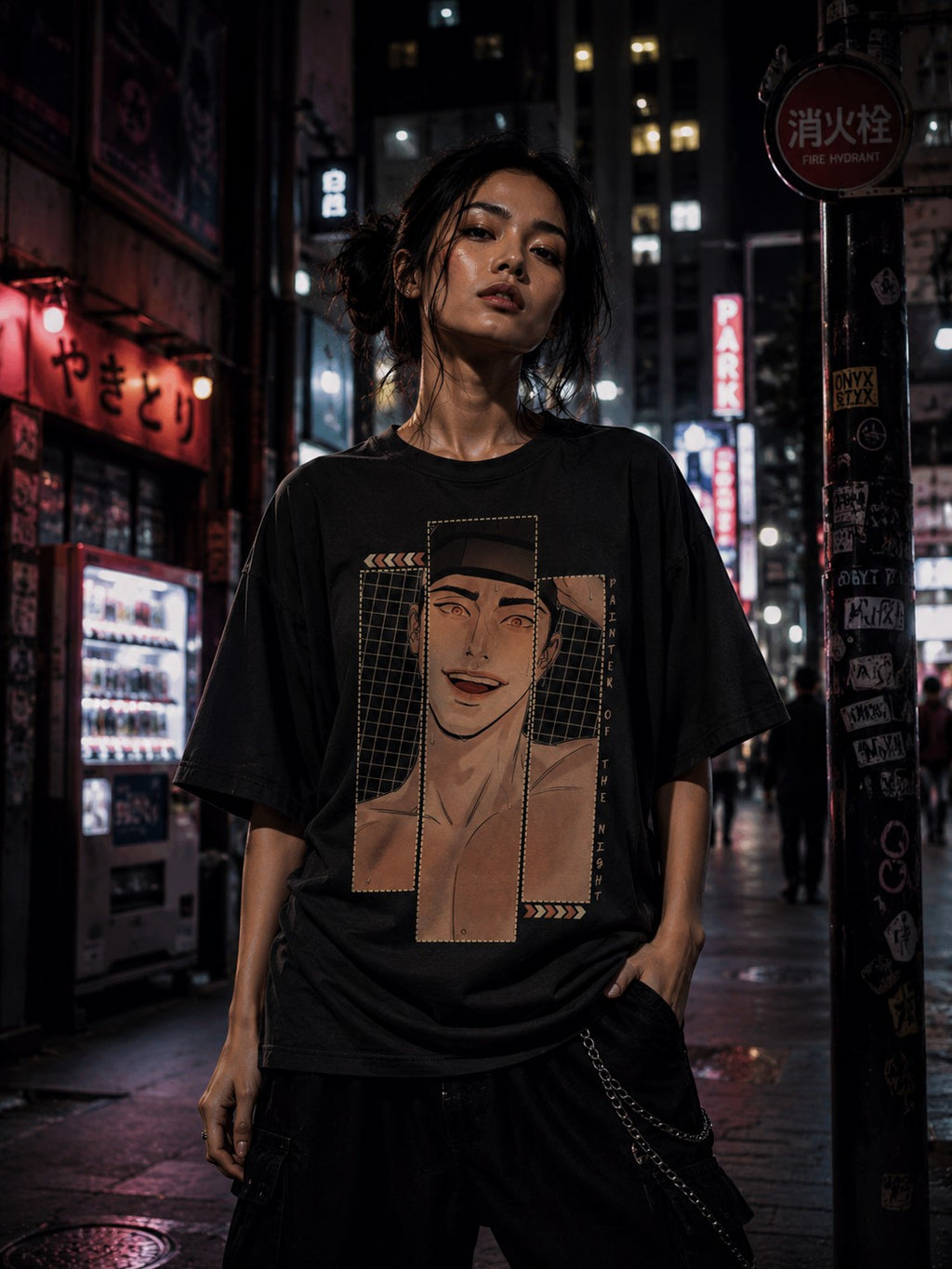 Drip&Verse black oversized cotton t-shirt with a graphic print of a smiling man's face in panels. Model wears size M.