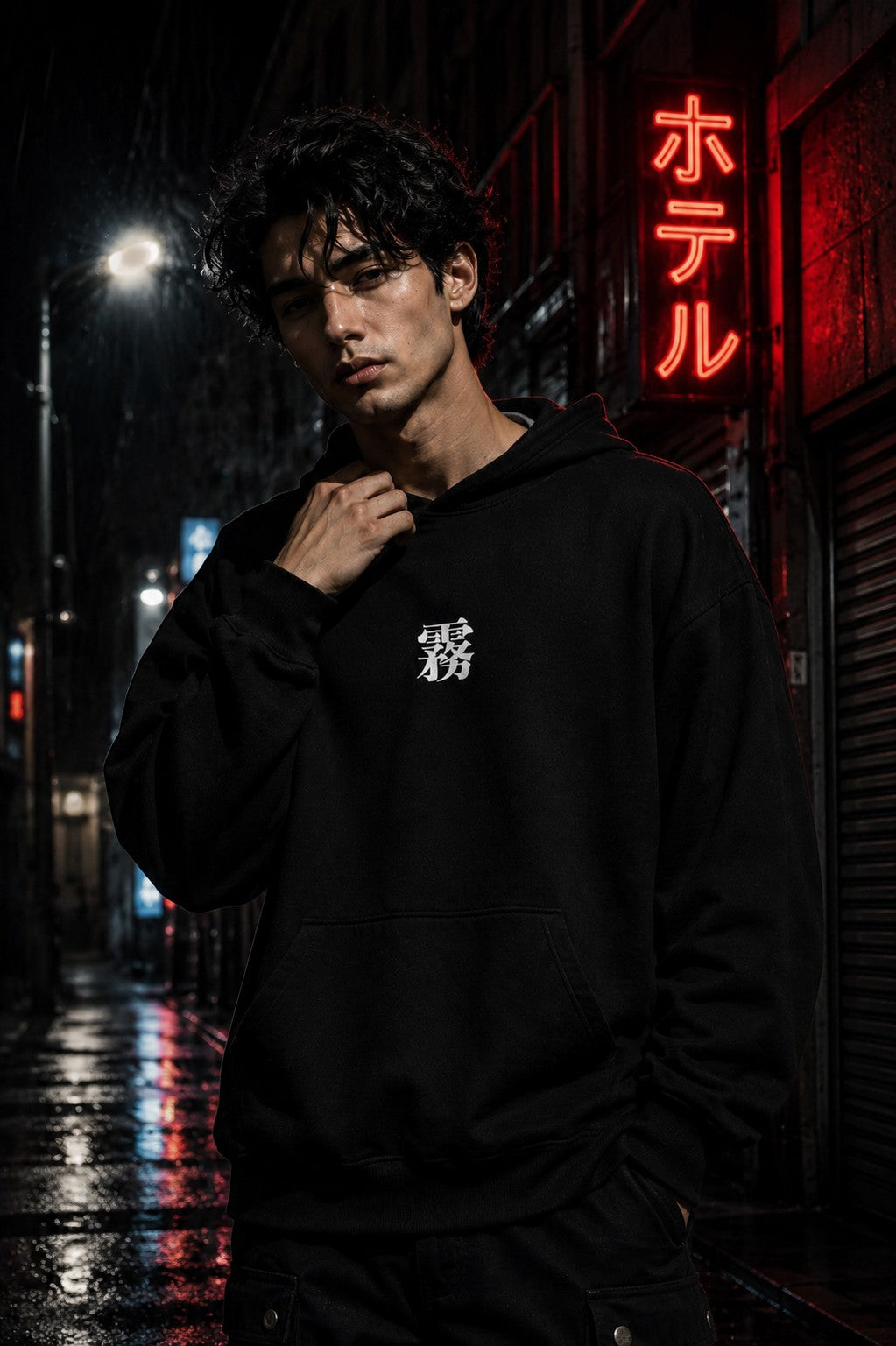 Drip&Verse black heavyweight boxy fleece hoodie with Japanese text graphic on chest and back, worn by a male model in a dark, rainy urban setting.
