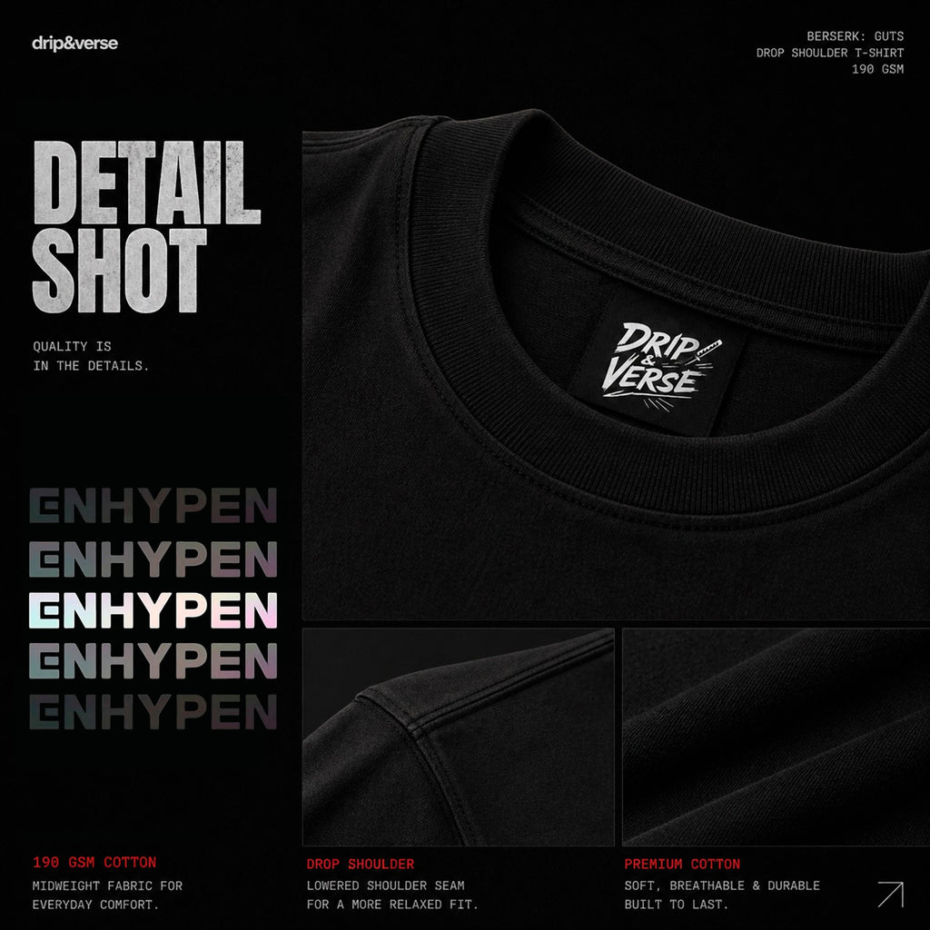 Drip&Verse black oversized 100% cotton t-shirt with holographic gradient stacked typography and drop shoulder.