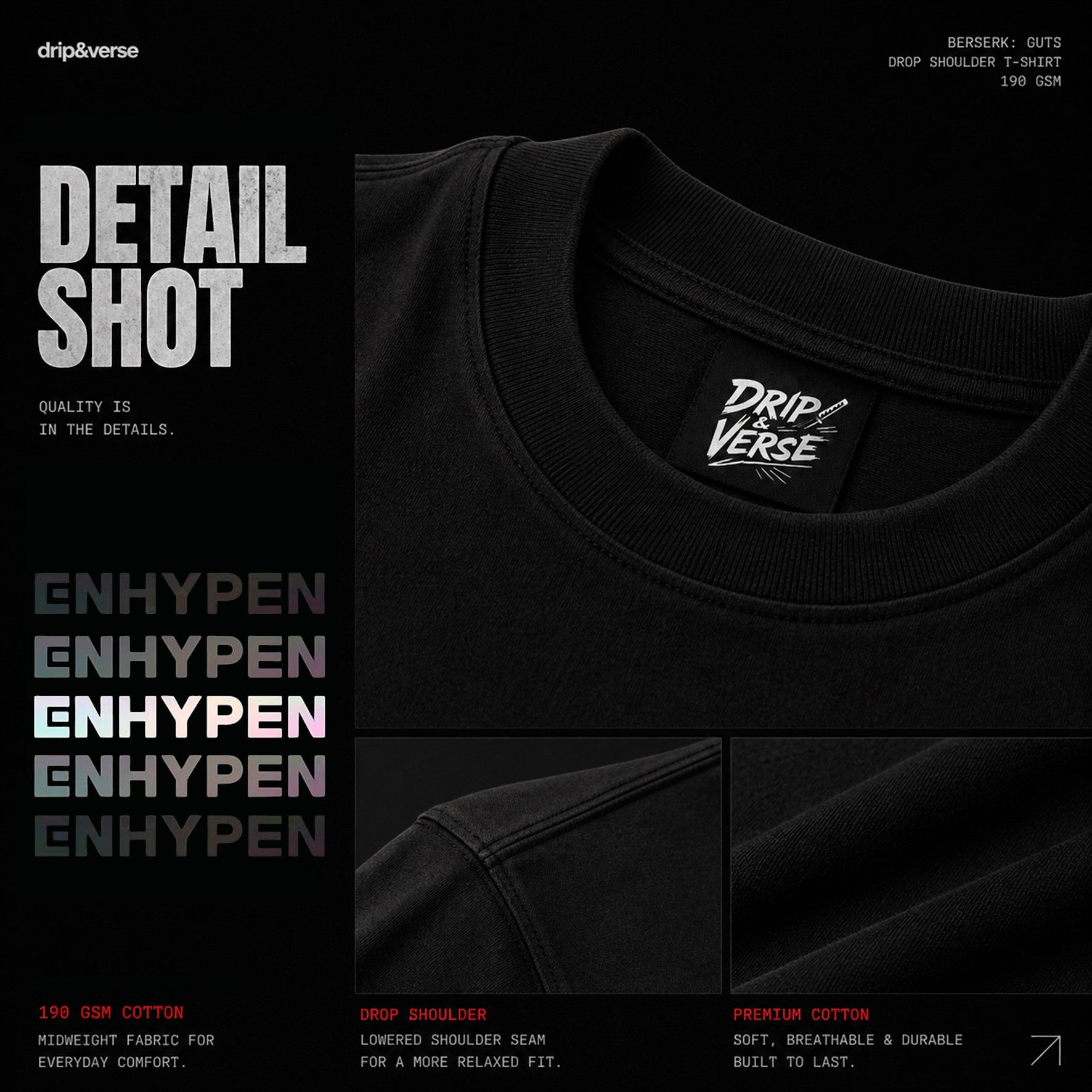 Drip&Verse black oversized 100% cotton t-shirt with holographic gradient stacked typography and drop shoulder.