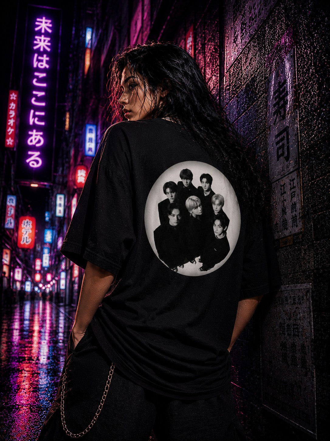 Drip&Verse black oversized 100% cotton K-Pop tee with a black and white circular portrait on the back.