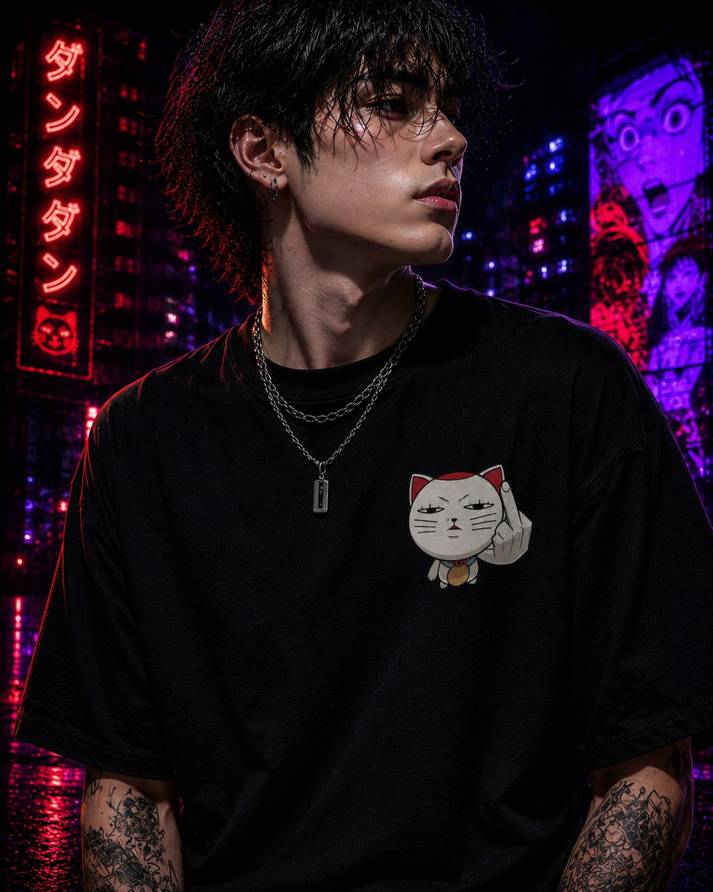 Drip&Verse black 100% cotton oversized t-shirt with a grumpy lucky cat graphic giving the middle finger on the chest.