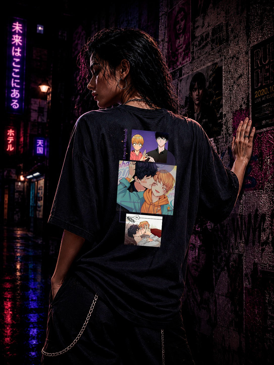Drip&Verse black oversized 100% cotton t-shirt with BL manga art print on back. Model is 5'11" wearing size M.