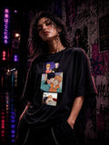 Drip&Verse black oversized cotton t-shirt with BL manga art print on chest. Model is 5'11" wearing size M.