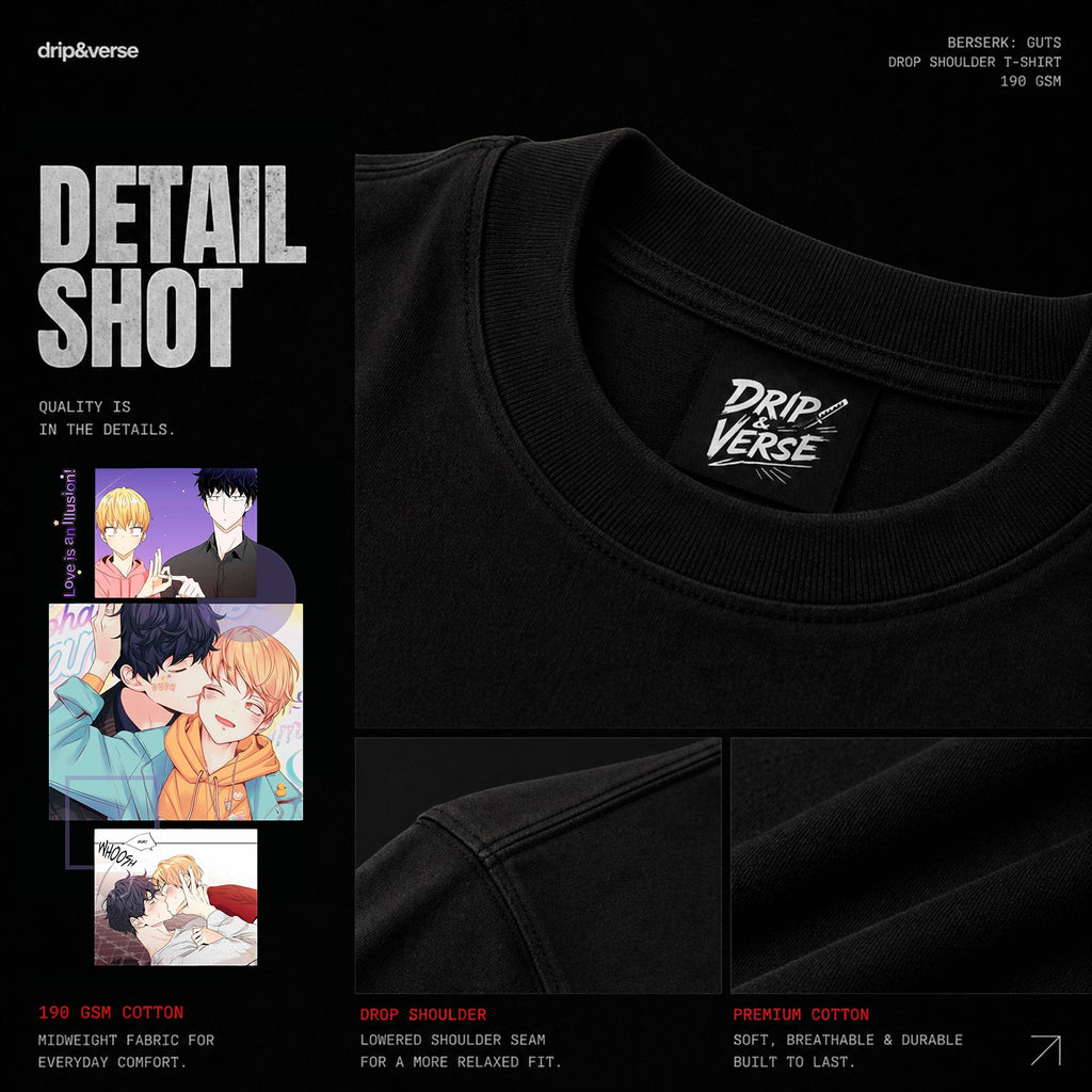Drip&Verse black oversized 100% cotton crew neck t-shirt with BL manga art print on chest.