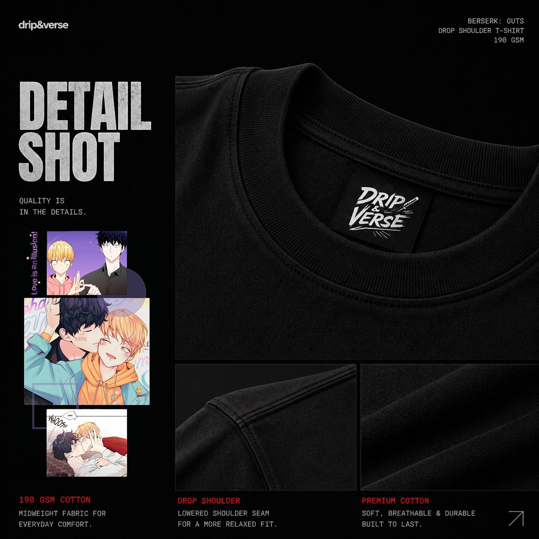 Drip&Verse black oversized 100% cotton crew neck t-shirt with BL manga art print on chest.