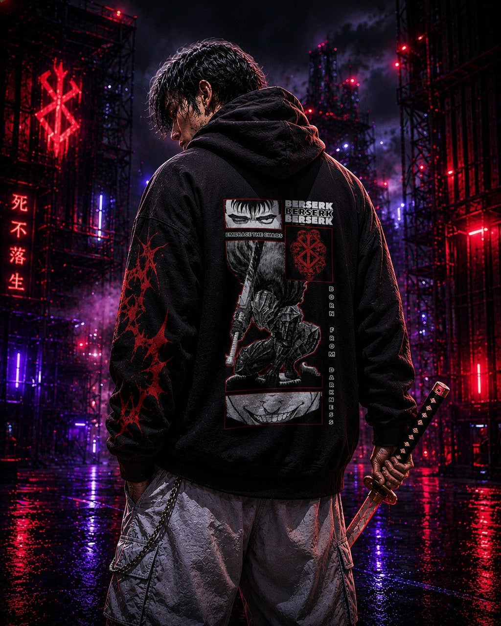 Drip&Verse black heavyweight fleece hoodie with manga panel art on back and red tribal print on sleeves. Model wears size M.